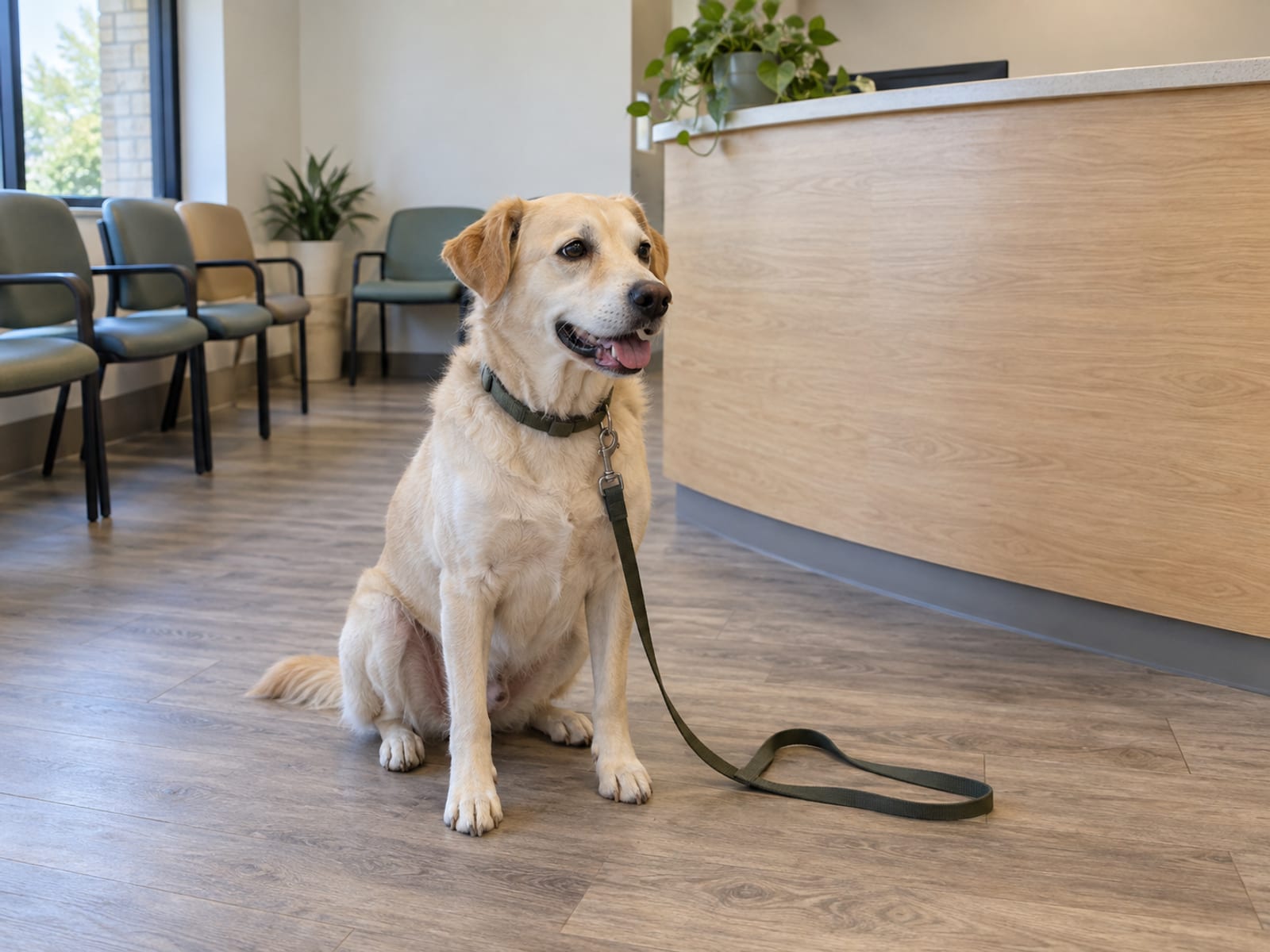 Dog sitting on the floor of a veterinary clinic waiting area near a plain wooden counter