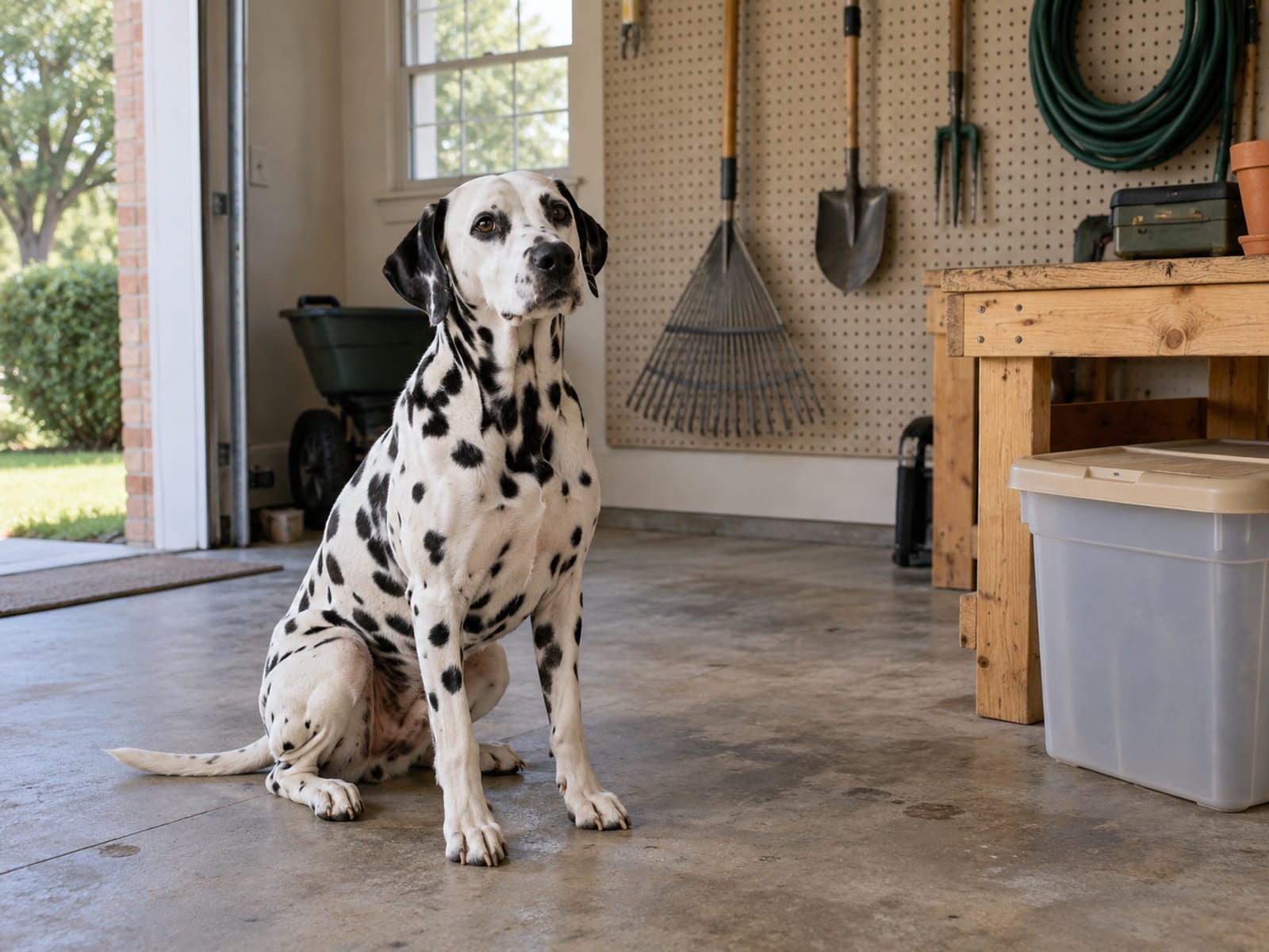 Dalmatian sitting in a tidy garage workspace beside a long-handled rake hung on the wall and a closed plastic tote with a lid