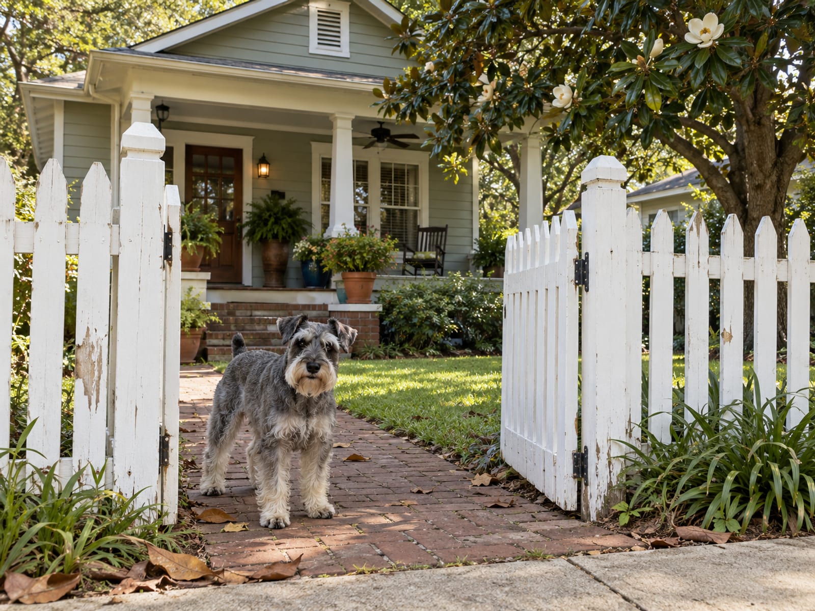 Salt and pepper miniature schnauzer standing at the open gate of a white picket fence in front of a small bungalow with a magnolia tree
