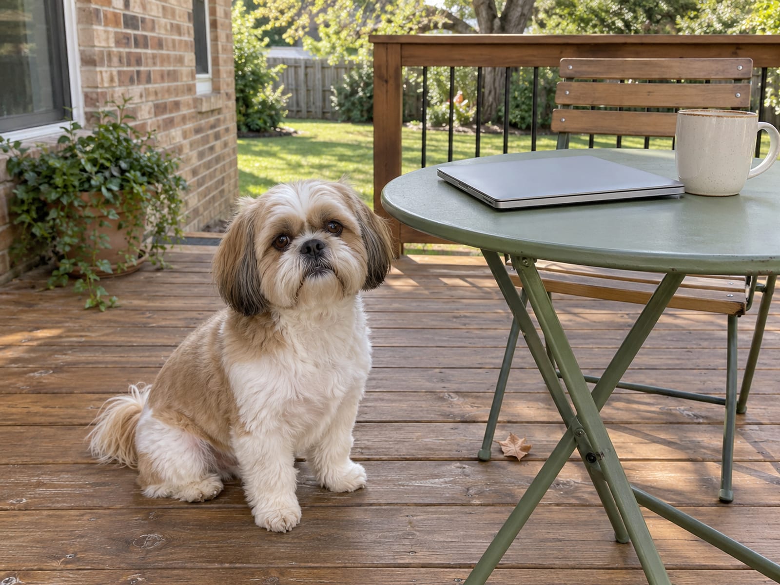 Gold and white Shih Tzu sitting on a clean wooden back deck beside a small table with a closed laptop