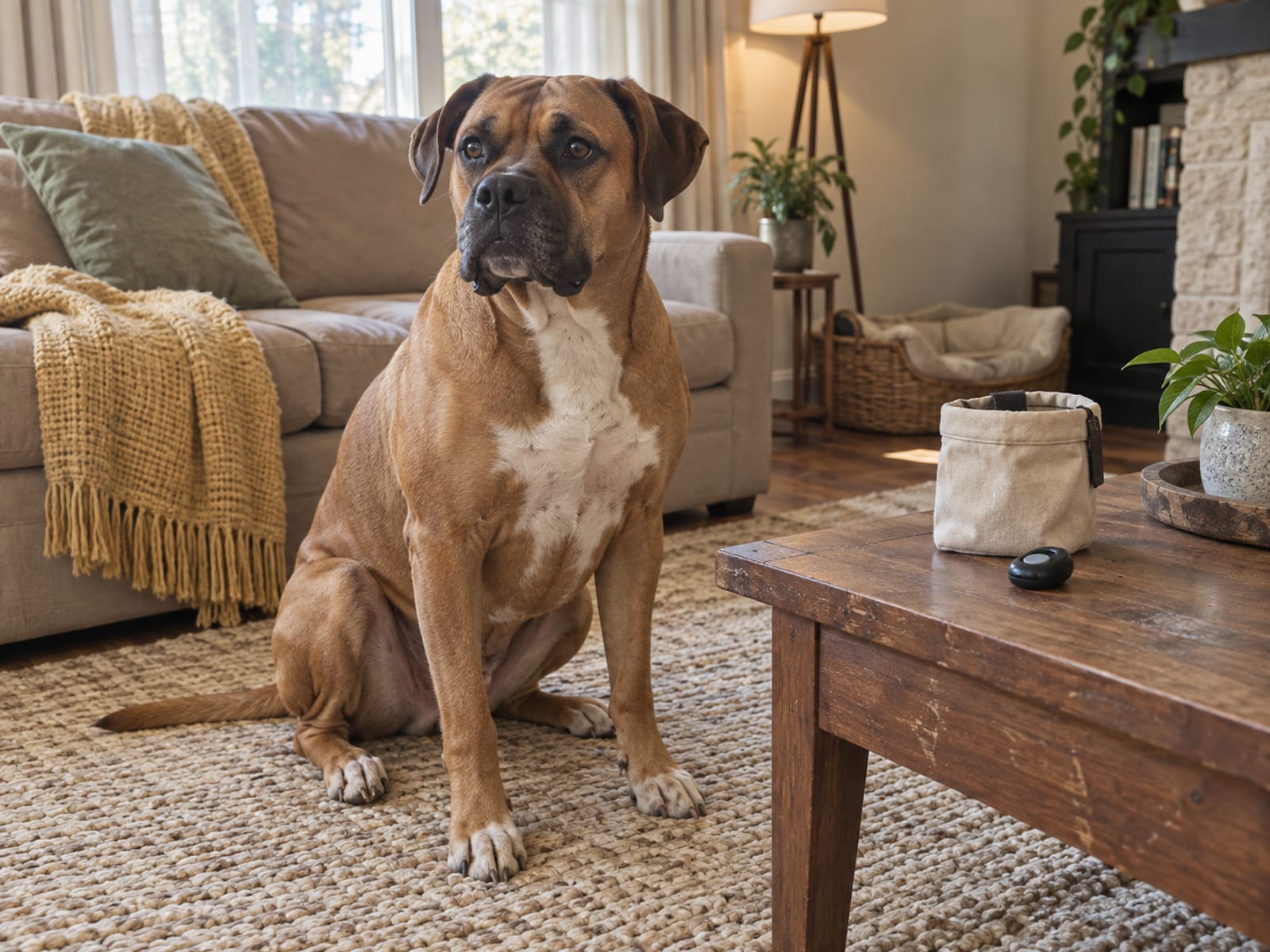 Large fawn boxer mix sitting on a living room rug beside a coffee table holding a treat pouch and a clicker