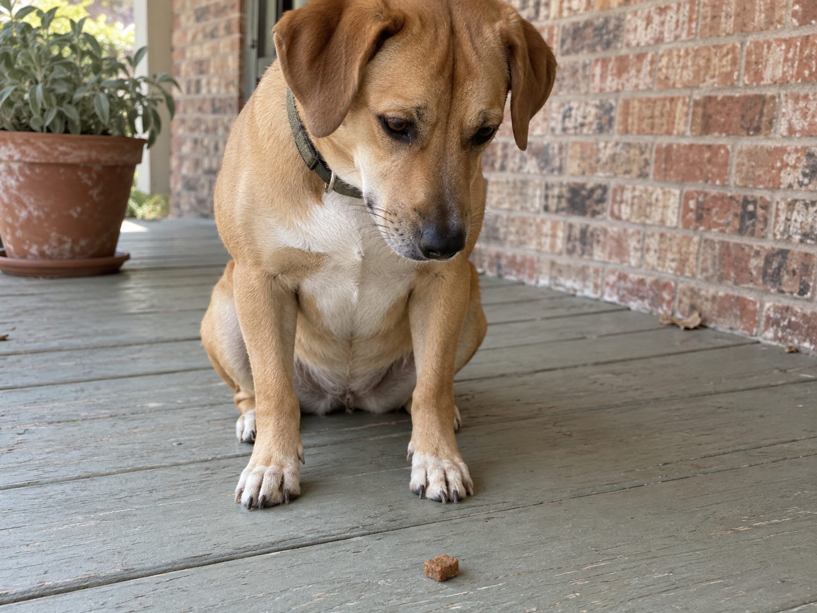 Tan dog sitting on a wooden porch looking down at a small treat on the boards in front of its paws