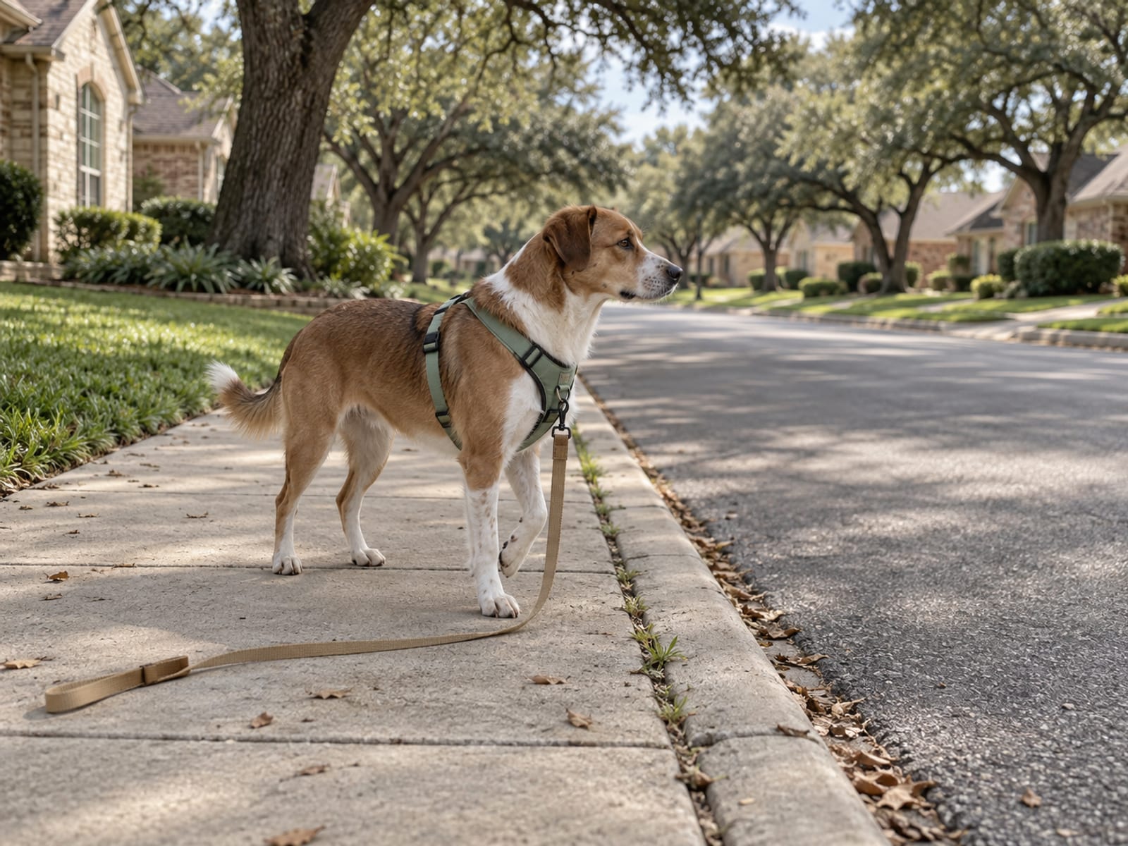Brown and white mixed-breed dog in a harness pausing at a curb with a slack leash lying on the sidewalk behind it