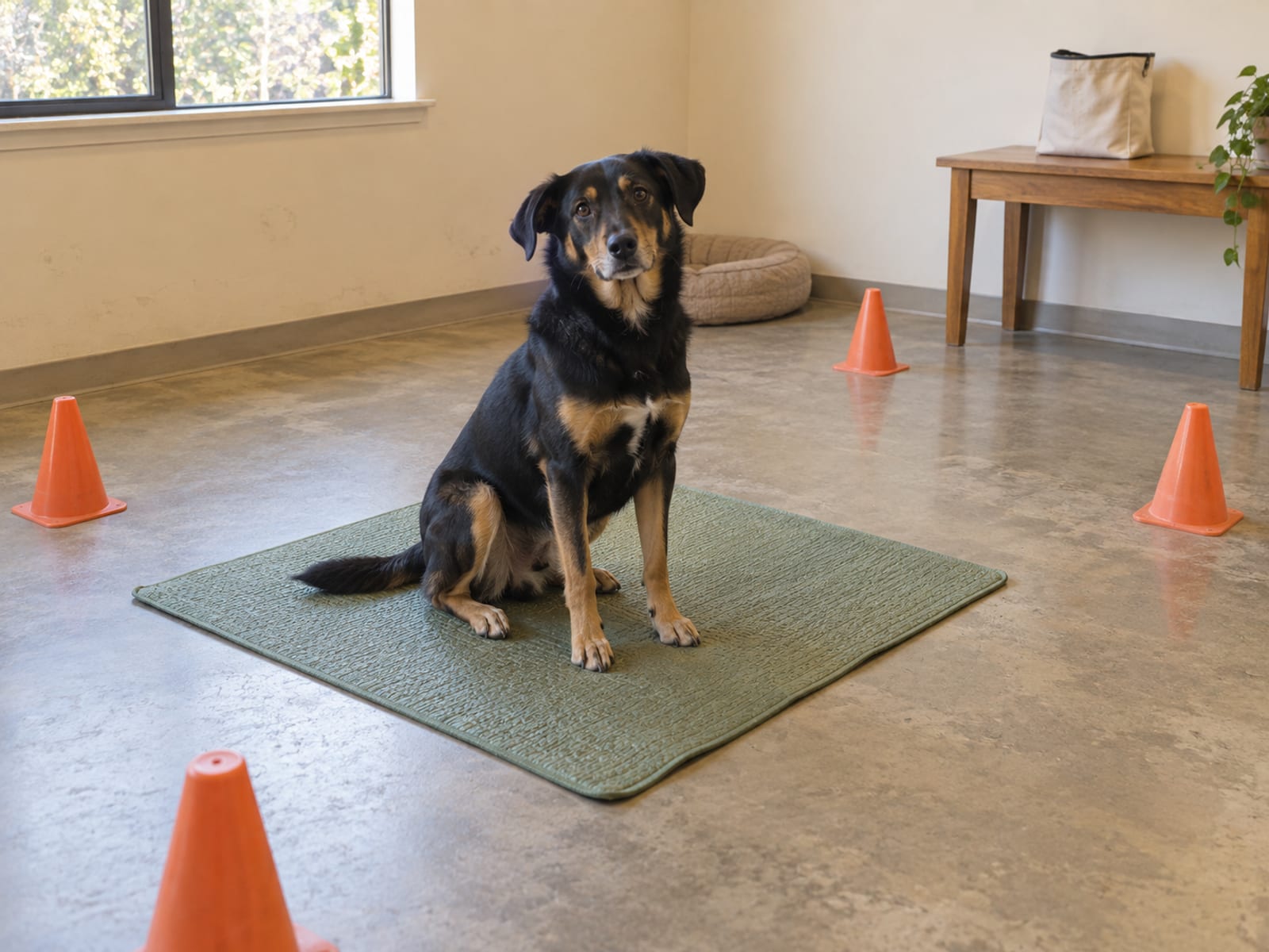 Calm mixed-breed dog sitting on a rubber mat in a small training room with cones on the floor and a treat bag on a table