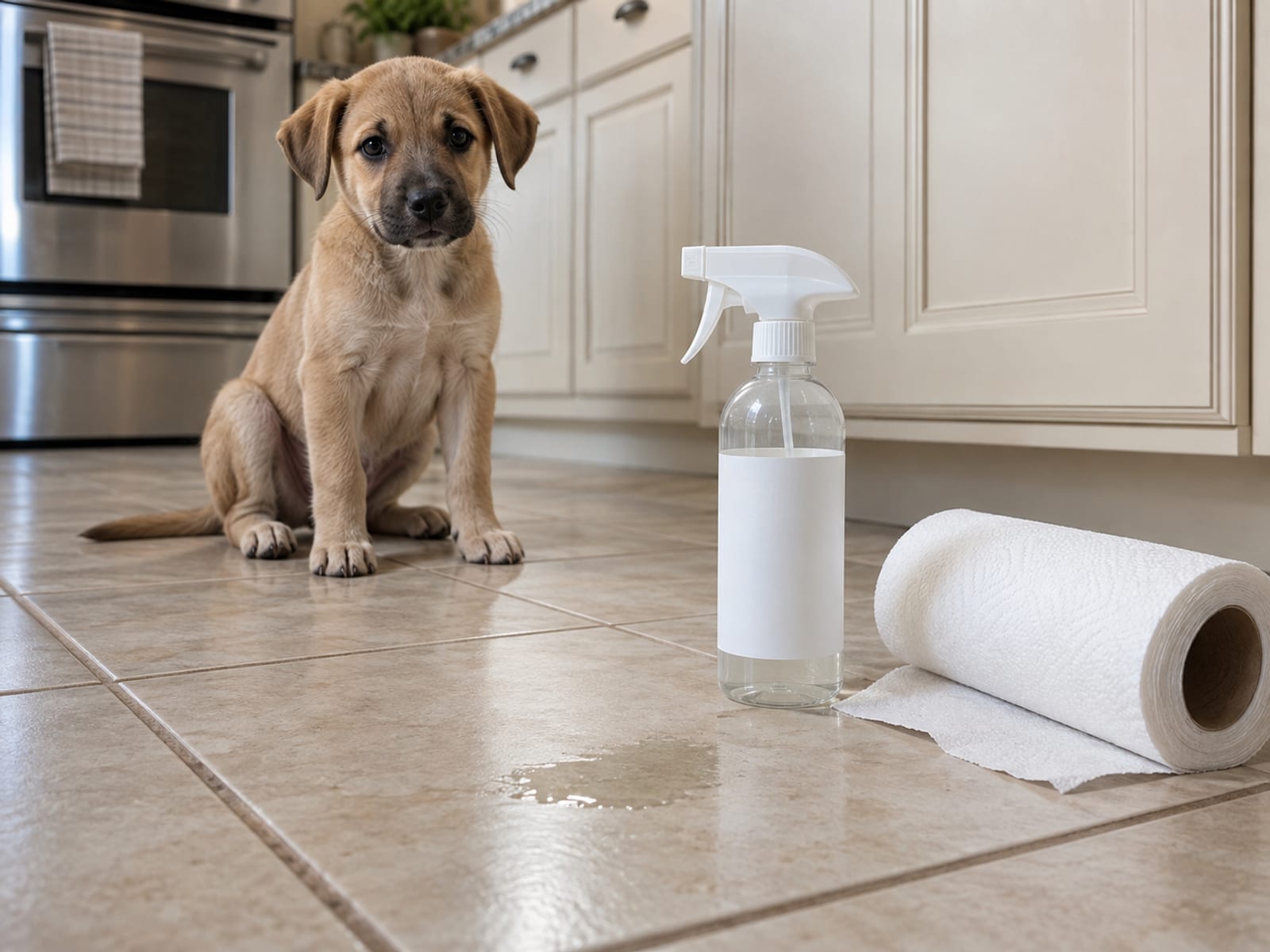 Spray bottle with a blank white label and a roll of paper towels beside a small damp spot on a tile floor, a puppy sitting nearby