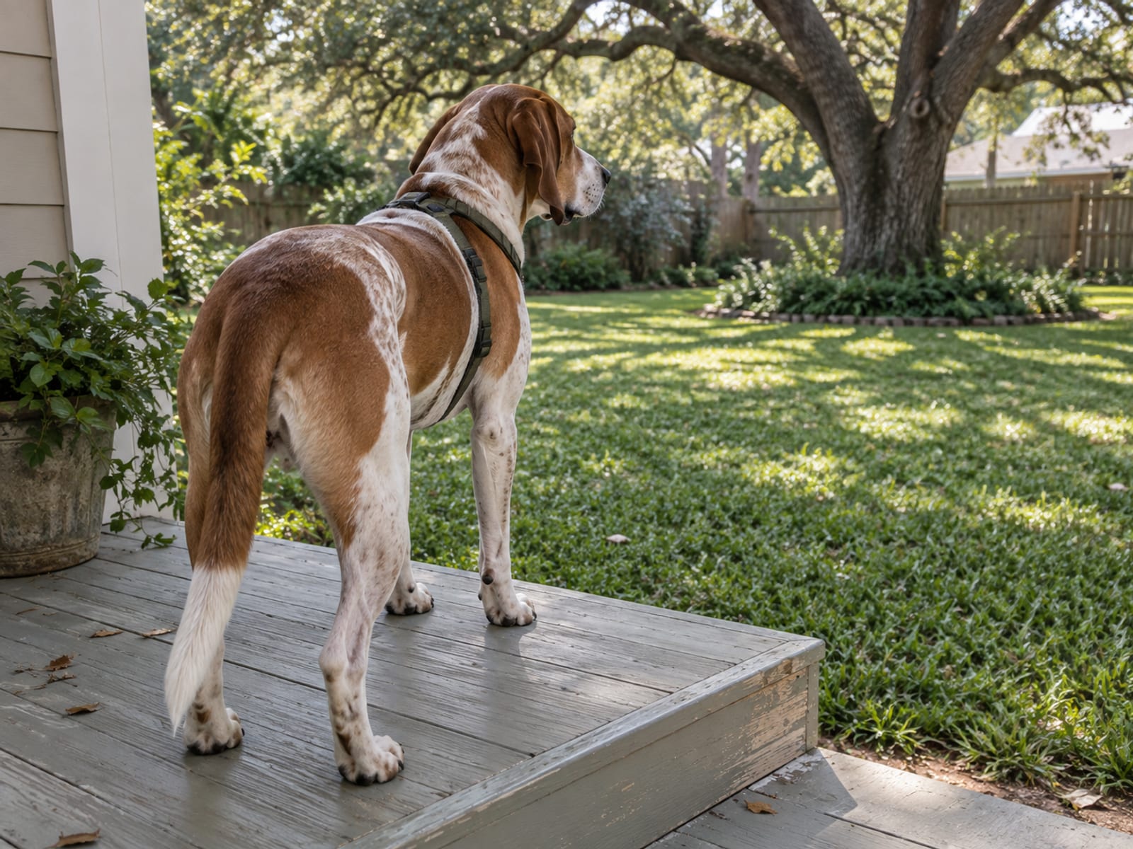 Adult hound mix in a harness standing on a back porch step looking out at the yard