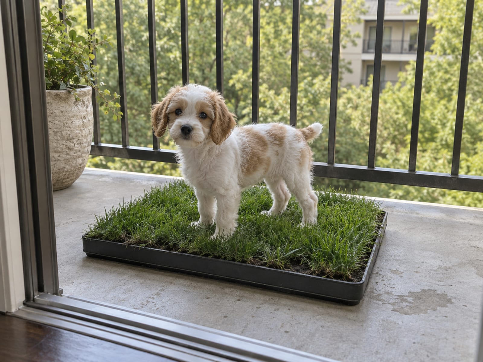 Small puppy standing on a tray of real grass on an apartment balcony with a railing and trees beyond