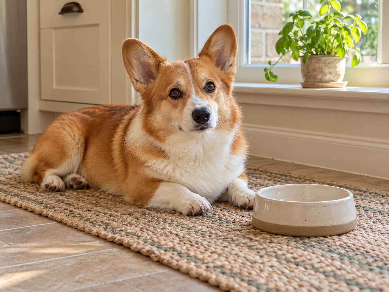 Pembroke corgi lying on a kitchen rug beside an empty ceramic food dish with a potted herb on the windowsill