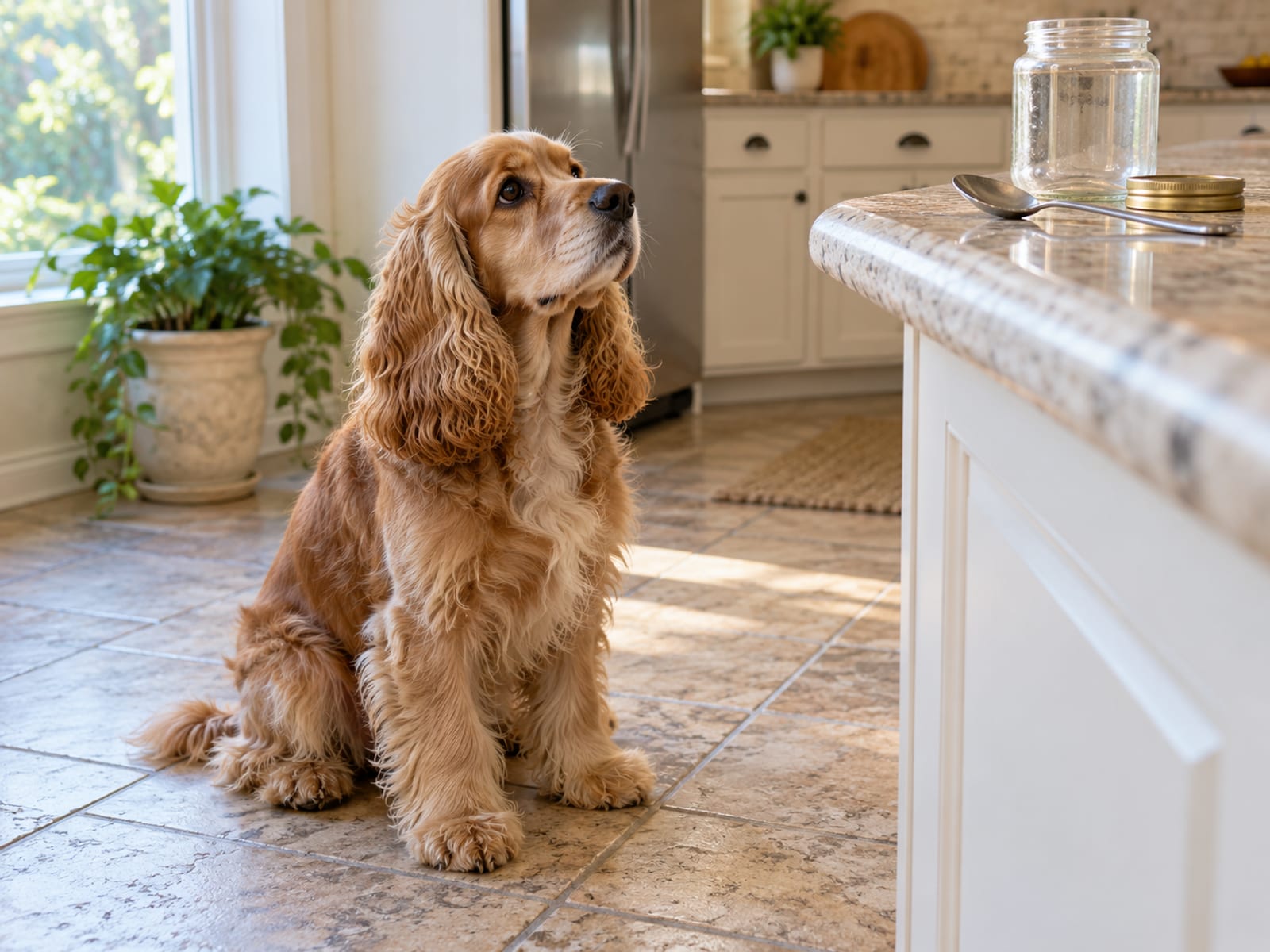 Cocker spaniel sitting on the tile floor looking up at a plain unlabeled jar and an empty spoon on the kitchen counter