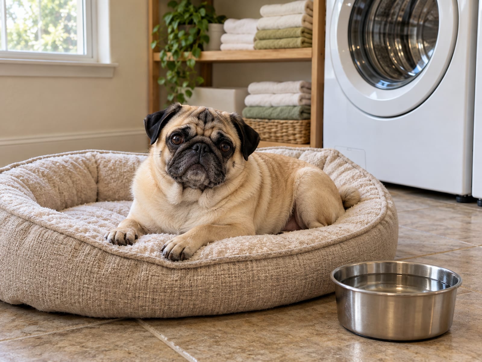 Pug resting on a dog bed beside a full water bowl in a tidy laundry room