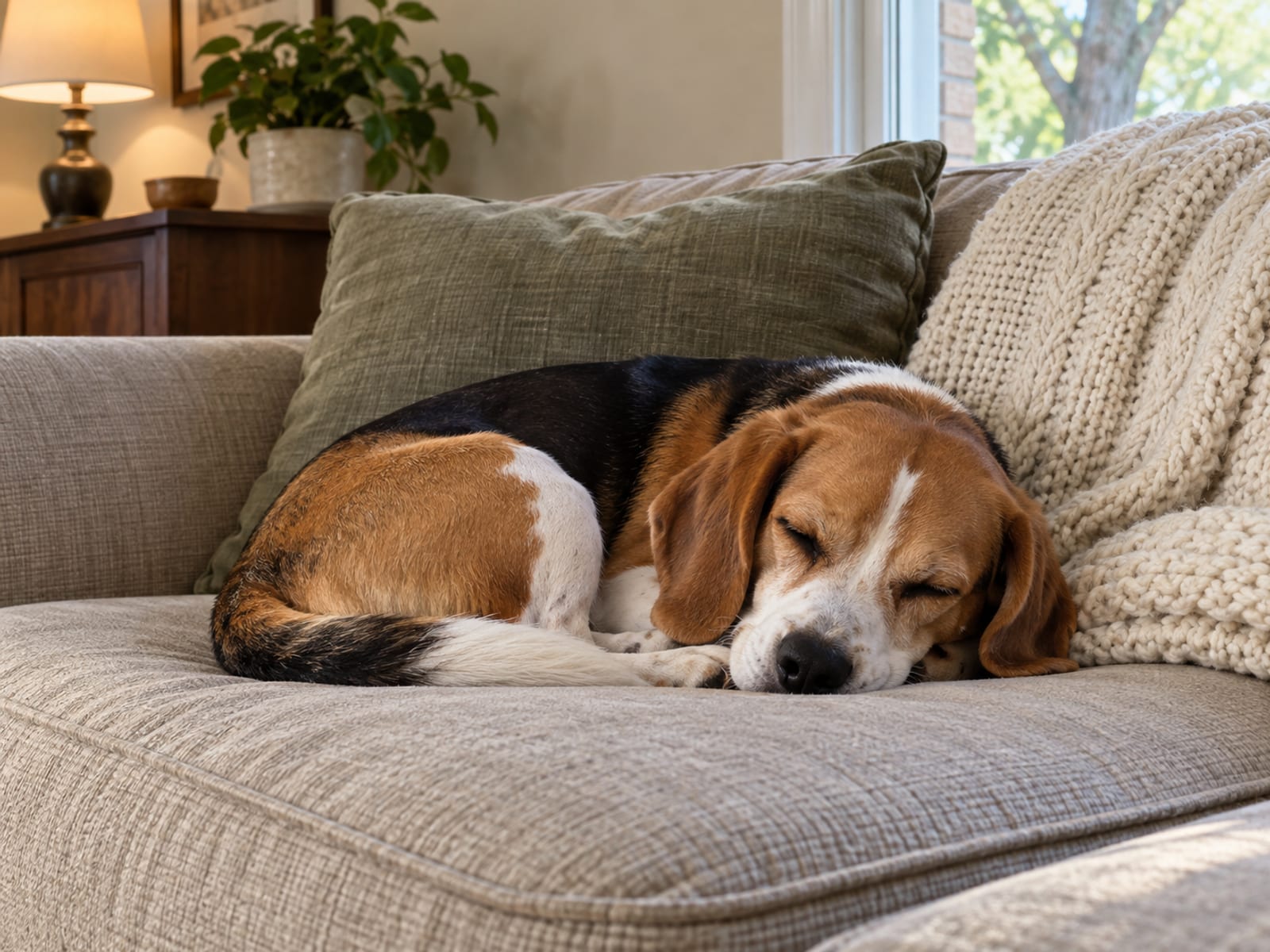 Beagle asleep on a sofa cushion in a living room beside a knitted blanket