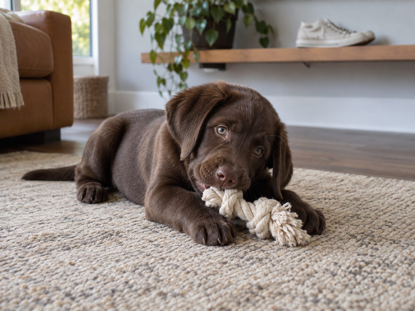 Young puppy lying on a living room rug chewing a rope toy between its front paws, a pair of shoes on a shelf behind it