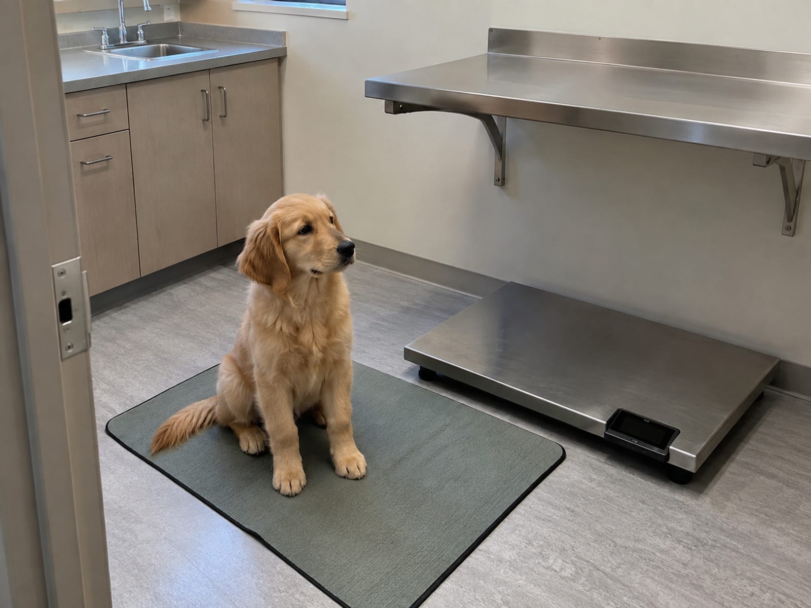 Veterinary exam room with an empty exam table and a puppy sitting on a mat on the floor beside a floor scale