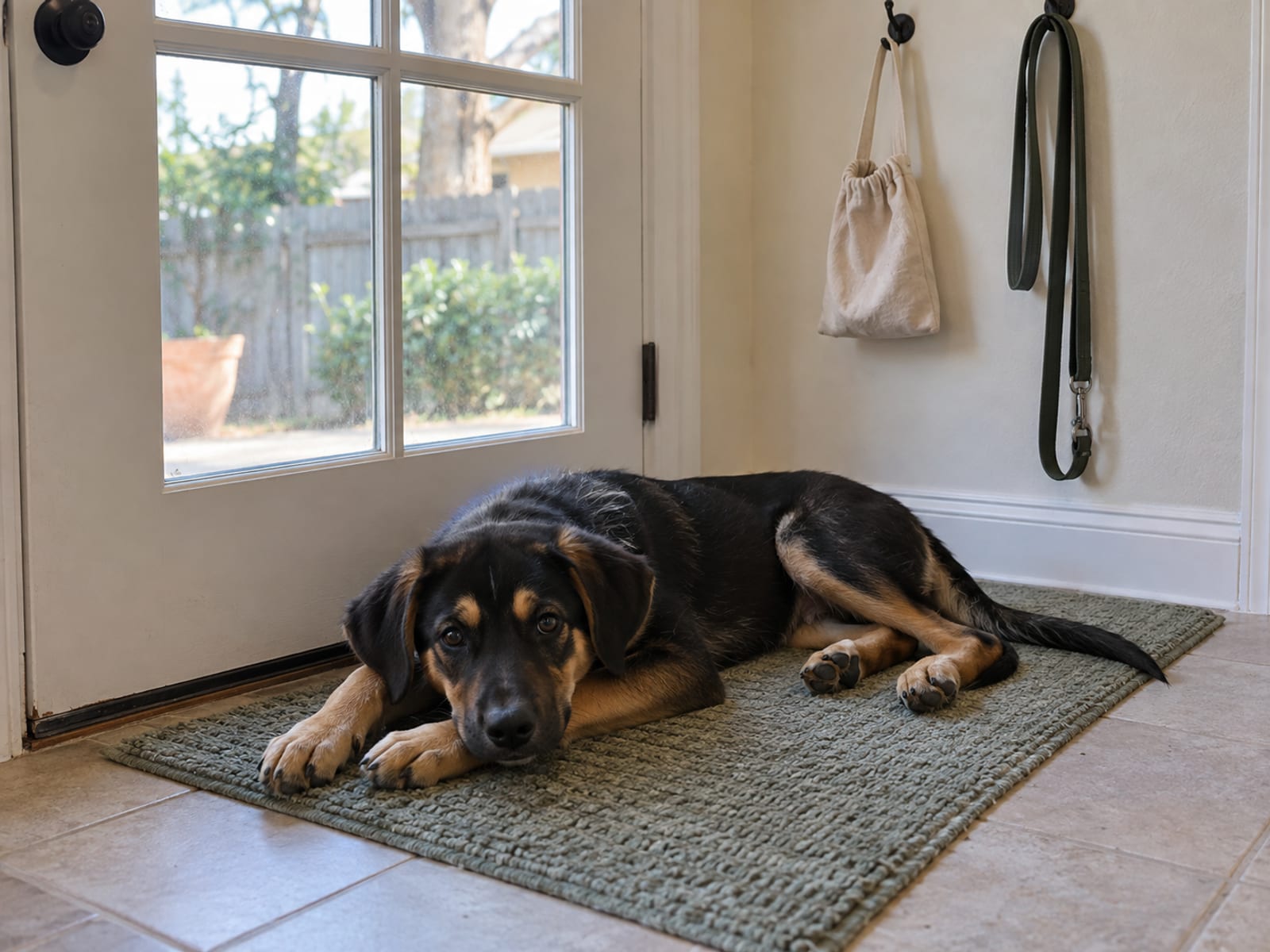 Older puppy lying relaxed on a mat by the back door, a treat pouch hanging on a hook above