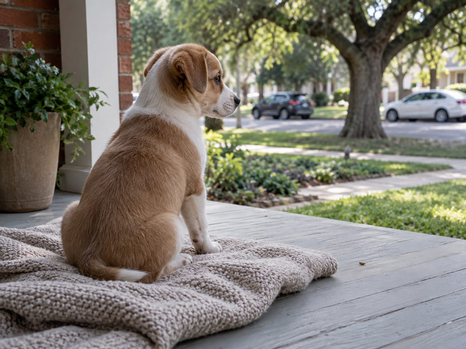 Puppy sitting on a folded blanket on a front porch, watching a quiet street with parked cars and a live oak