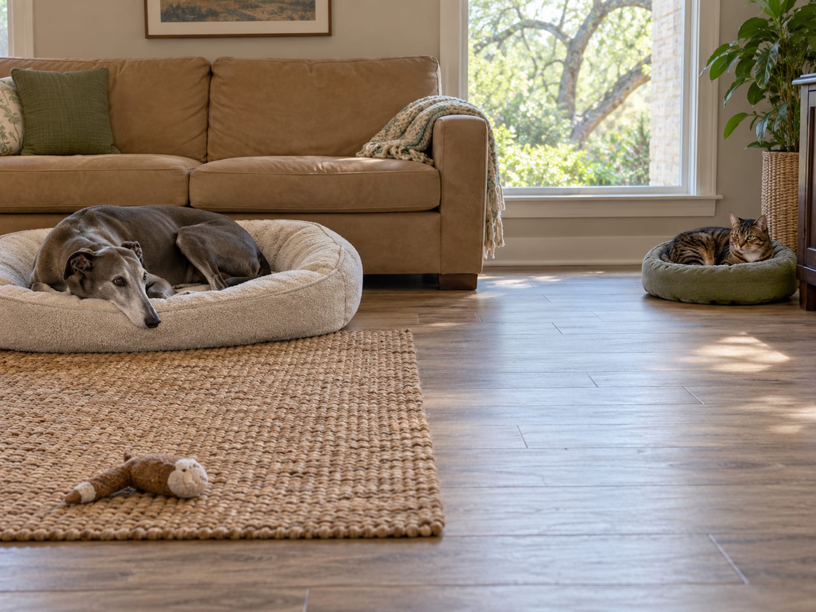 Gray greyhound on a dog bed at one end of a living room and a tabby cat on its own bed at the other end