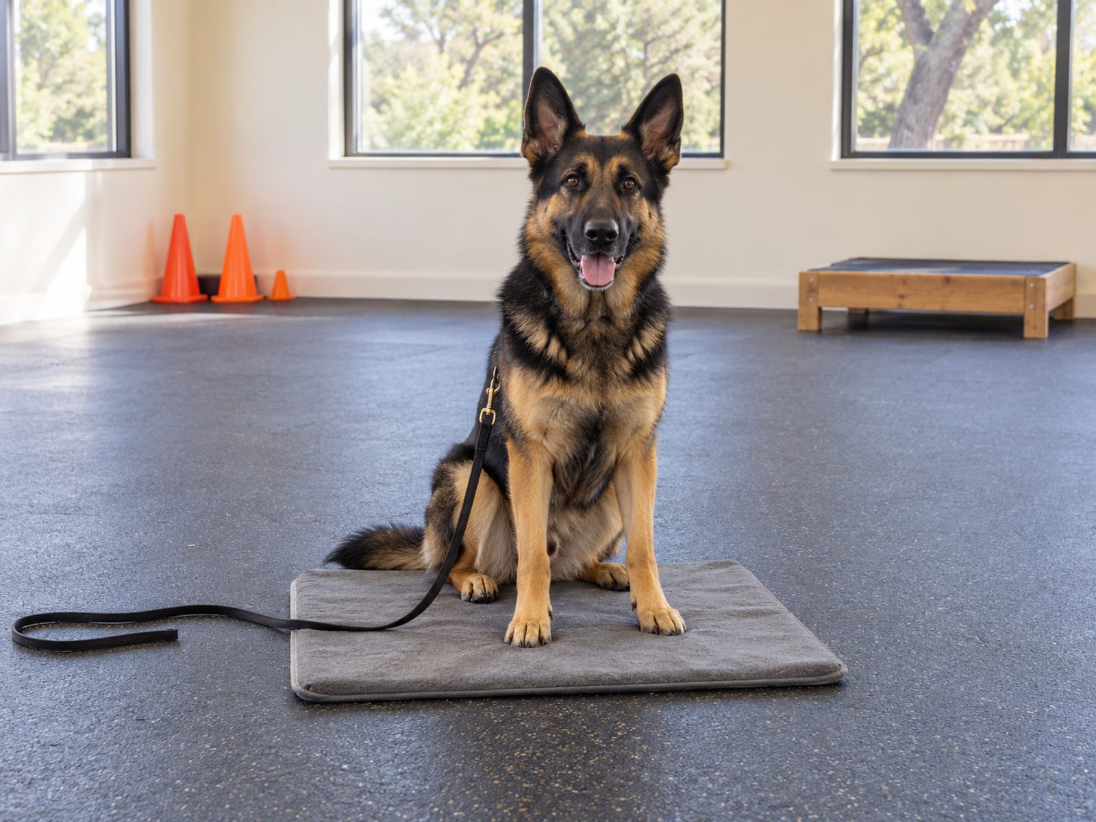 Black and tan German shepherd sitting patiently on a mat in an empty bright training room