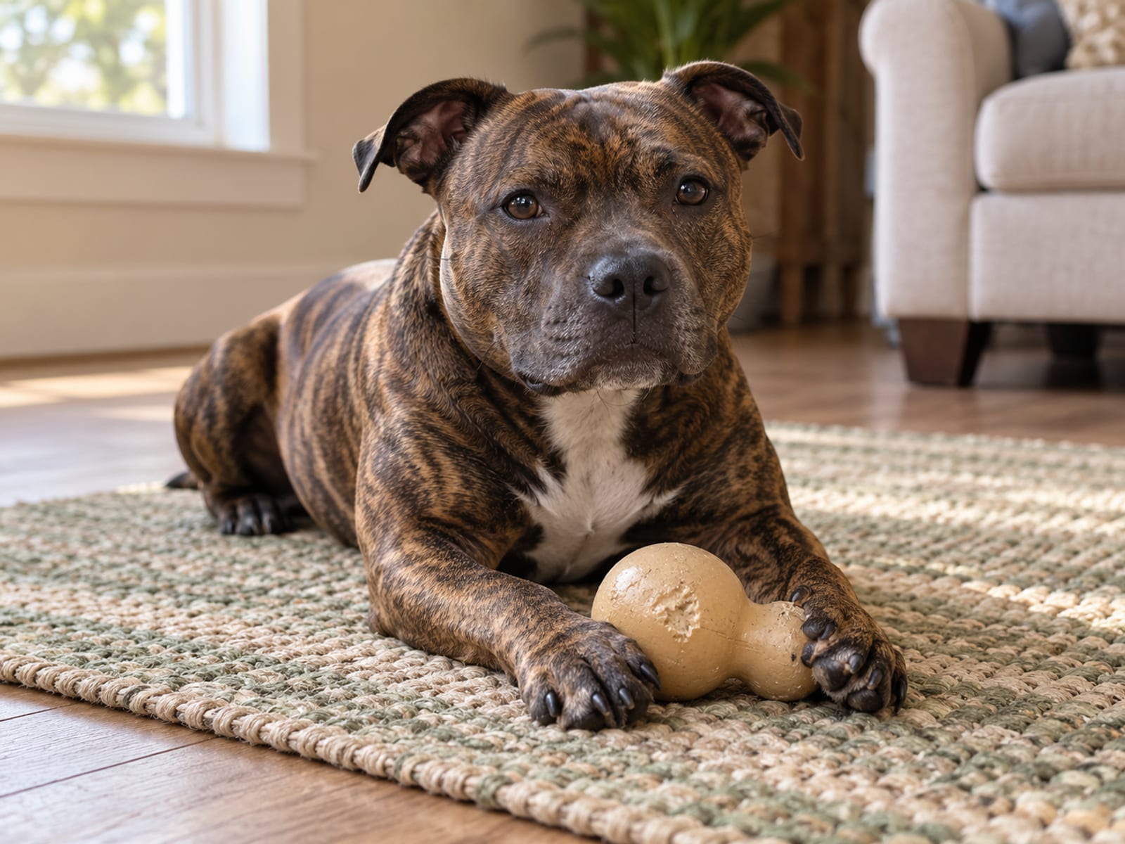 Brindle Staffordshire bull terrier lying relaxed on a rug with a plain rubber toy between its front paws