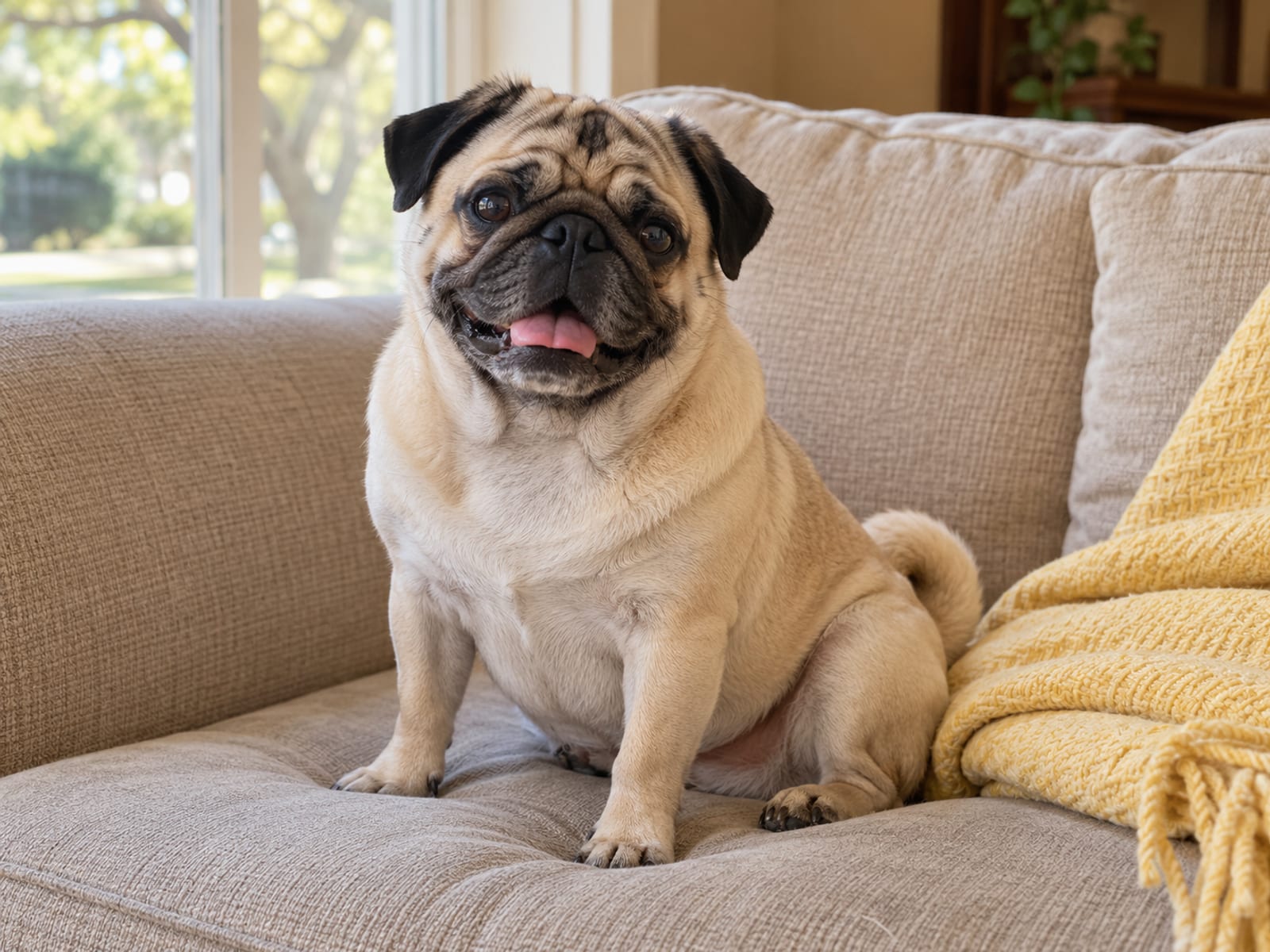 Fawn pug with a black mask sitting relaxed on a sofa cushion, mouth slightly open, looking at the camera