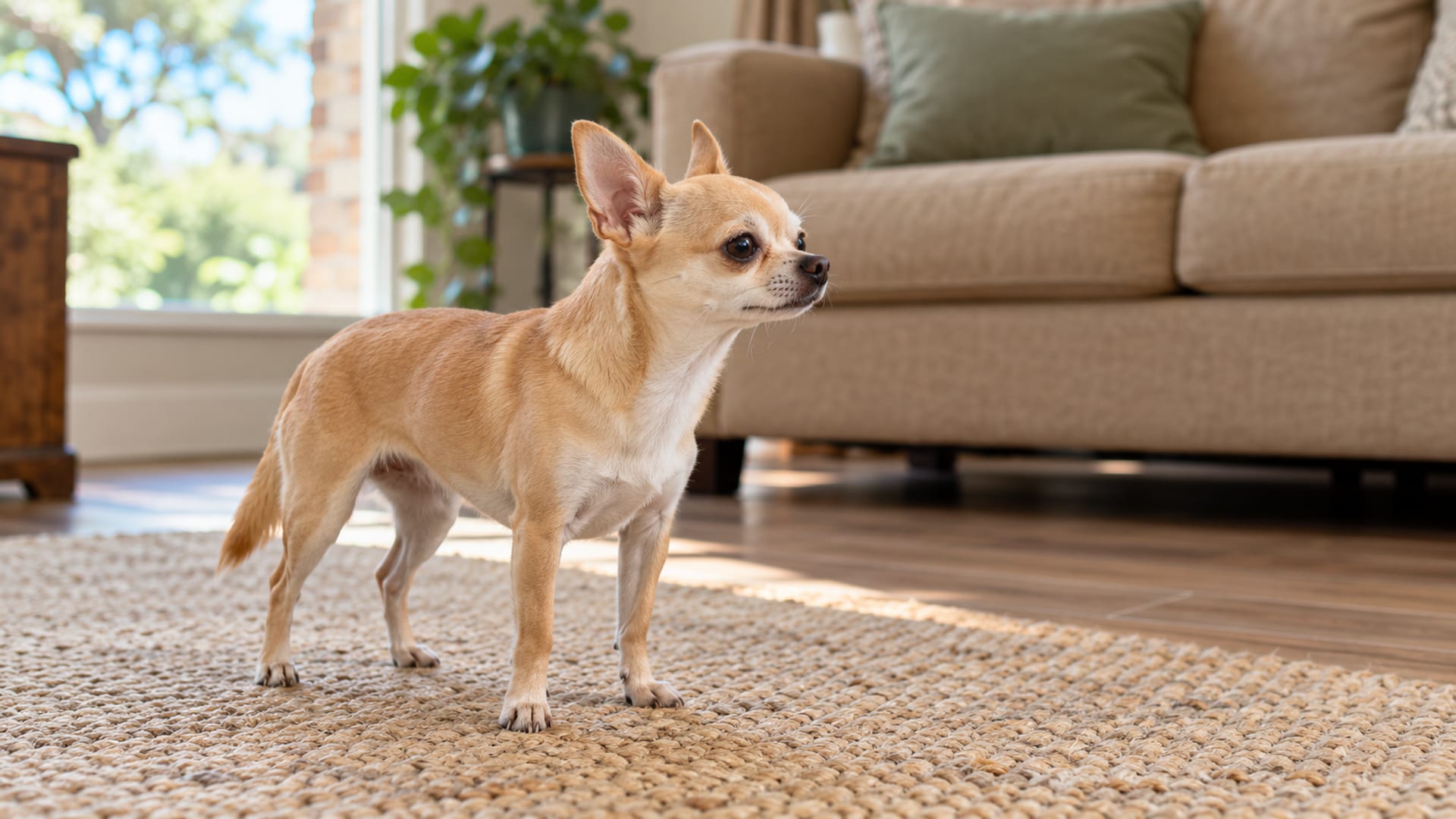 Fawn Chihuahua standing on a living room rug with its neck stretched slightly forward