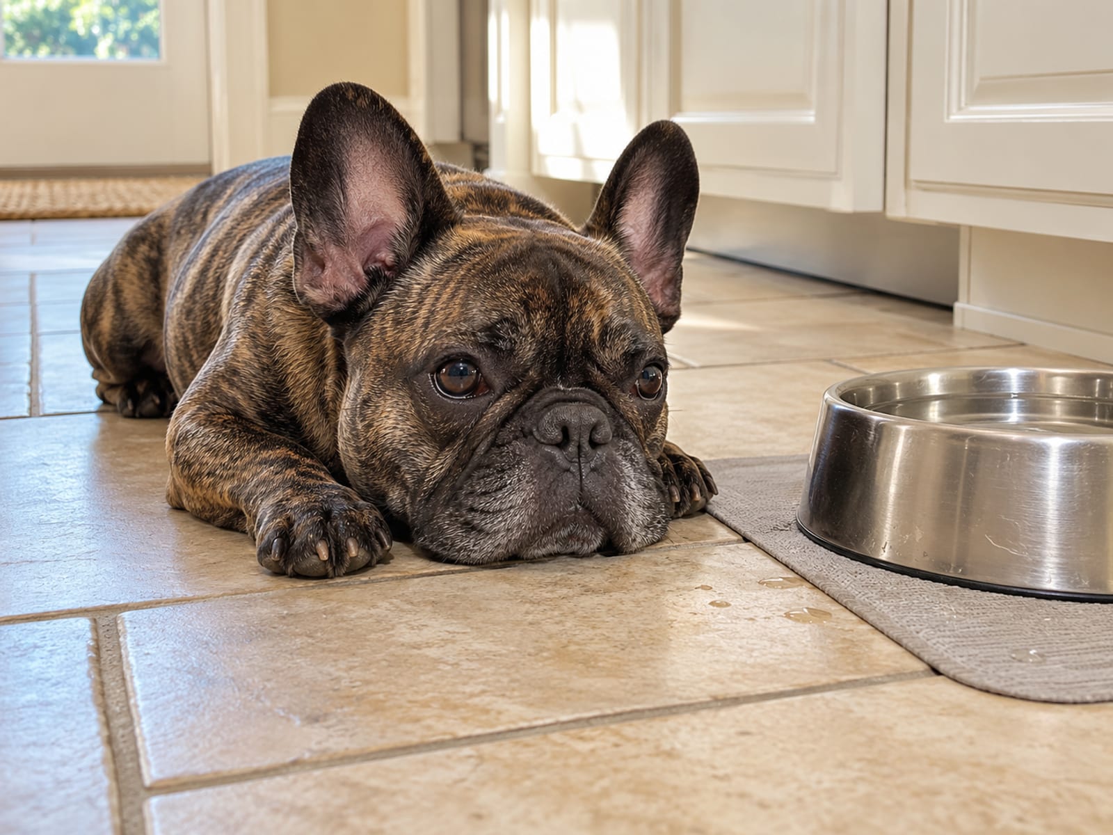 Brindle French bulldog lying on a cool tile floor next to a steel water bowl