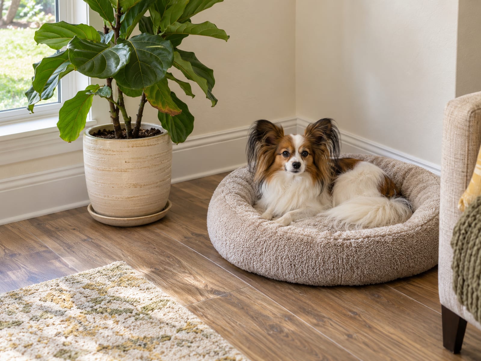 White and sable papillon lying still on a dog bed in a quiet corner of a living room