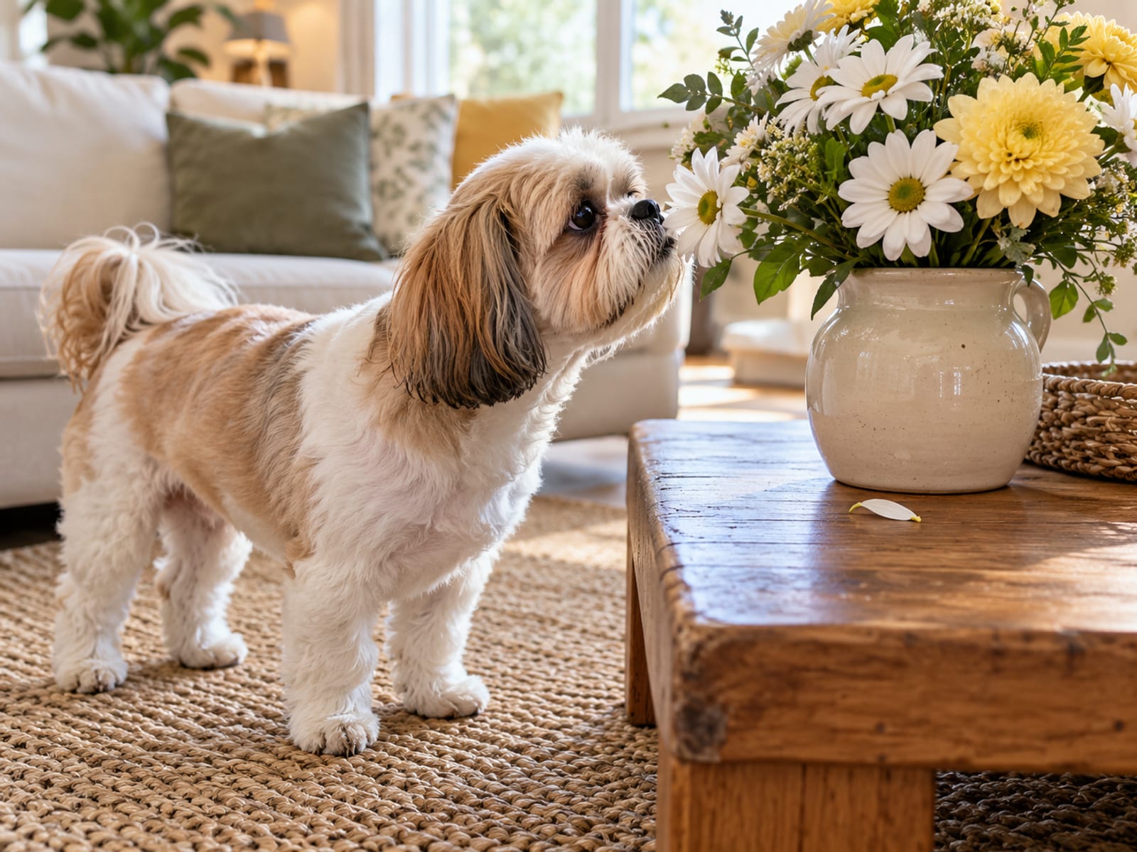 Gold and white Shih Tzu sniffing a ceramic vase of fresh flowers on a low table in a bright living room