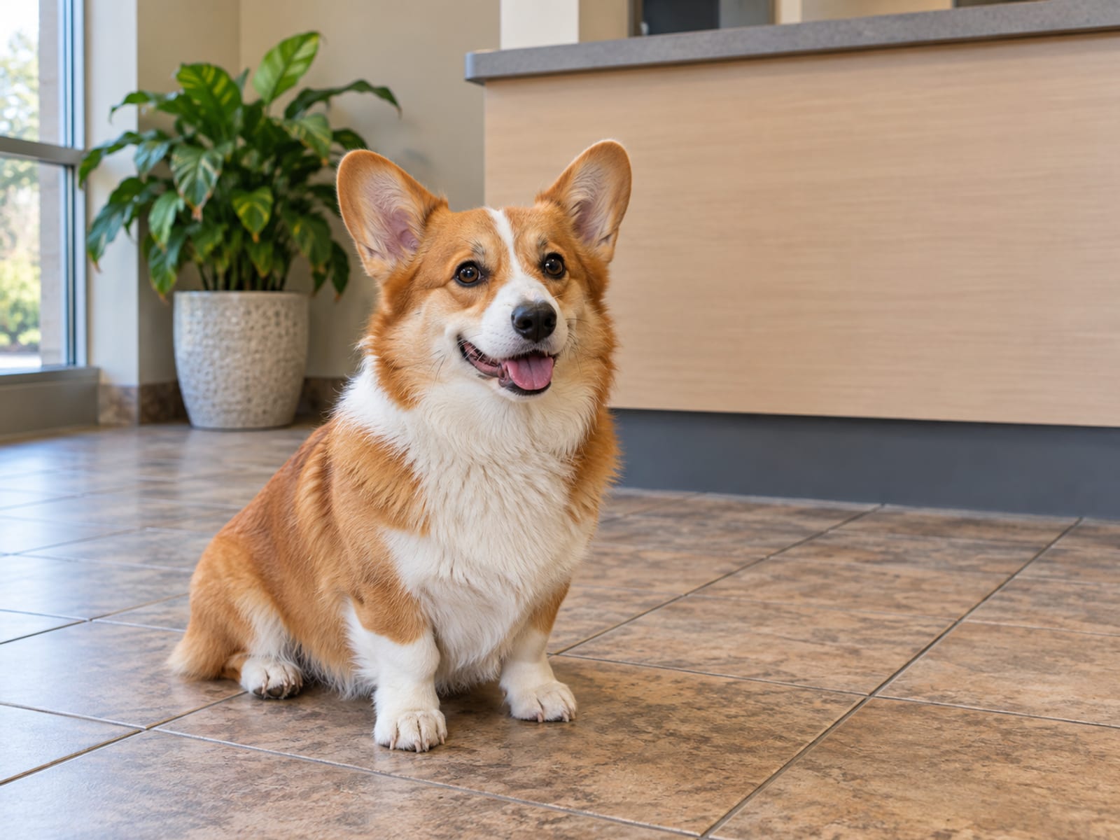 A Pembroke Welsh corgi sitting on a tile floor in a small veterinary clinic waiting area with a plain reception counter and a potted plant behind it.