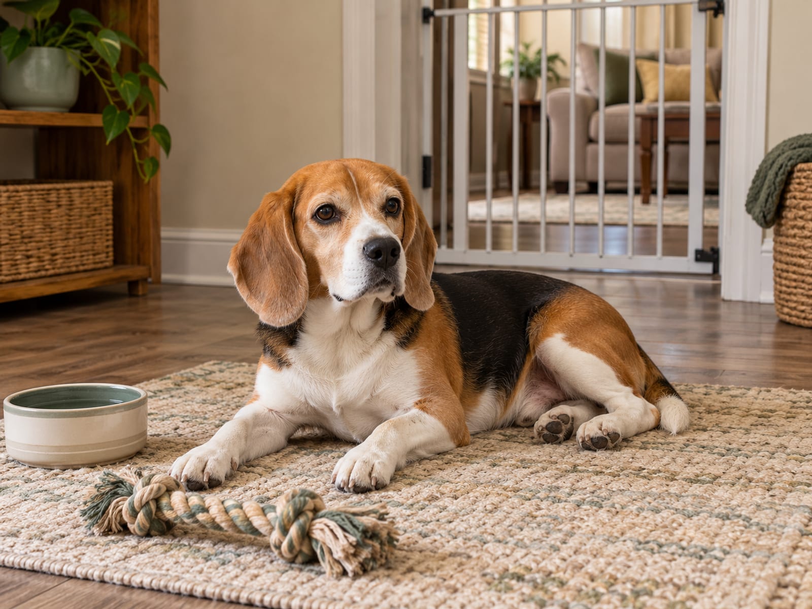 A beagle lying on a small rug in a tidy spare room with a bowl and a chew toy beside it and a closed baby gate in the doorway.