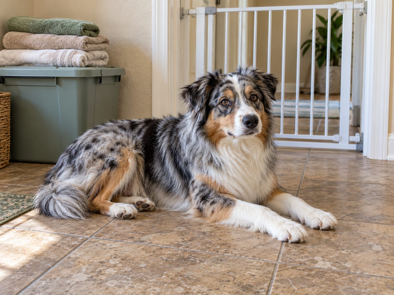 An Australian shepherd resting on a tiled mudroom floor beside a plain lidded storage bin and a stack of folded towels, with a closed baby gate across the doorway behind it.