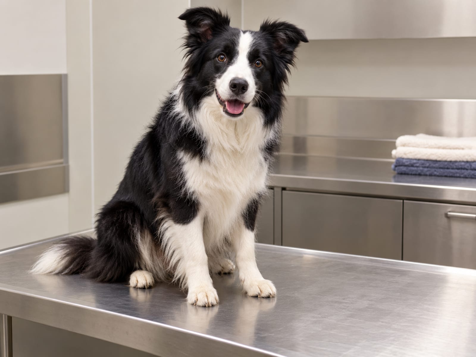 A Border collie sitting calmly on a clean exam table in a quiet veterinary exam room with a plain steel counter and folded towels behind it.