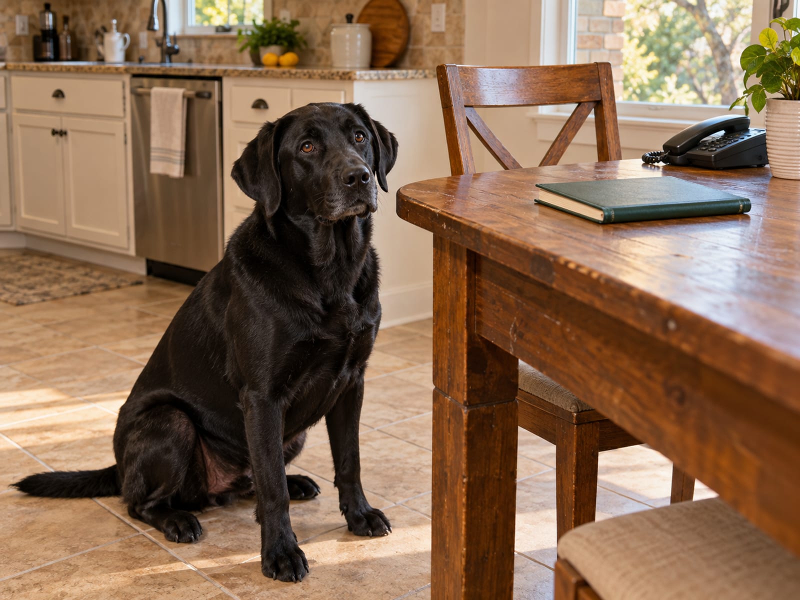 Black Labrador retriever sitting beside a kitchen table with a closed notebook and a desk phone resting on the table