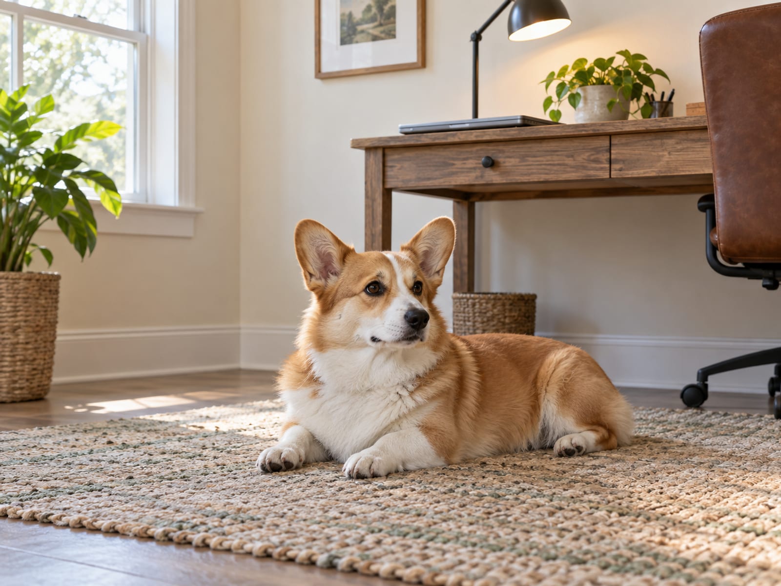 Welsh corgi lying on a rug beside a home office desk with a closed laptop and a desk lamp on top