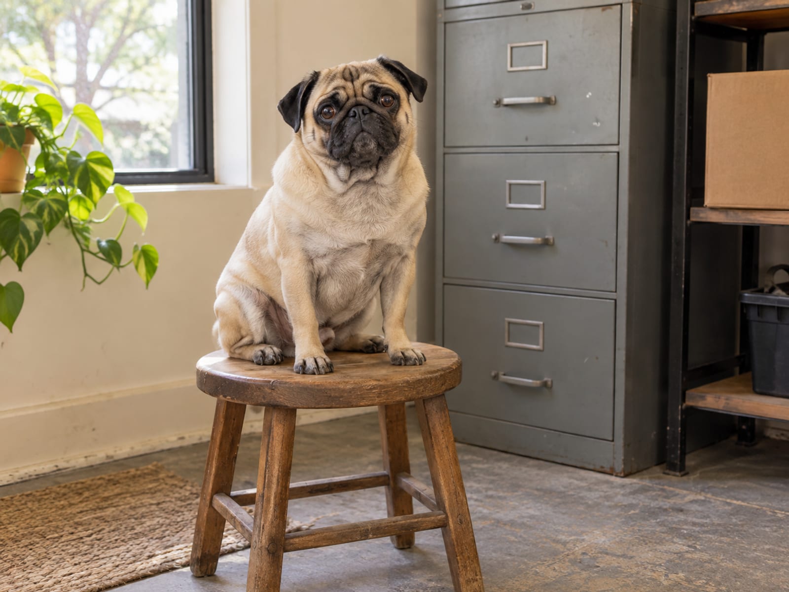 Tan pug sitting on a wooden stool in a small shop back room with a closed metal filing cabinet and a plain cardboard box on a shelf