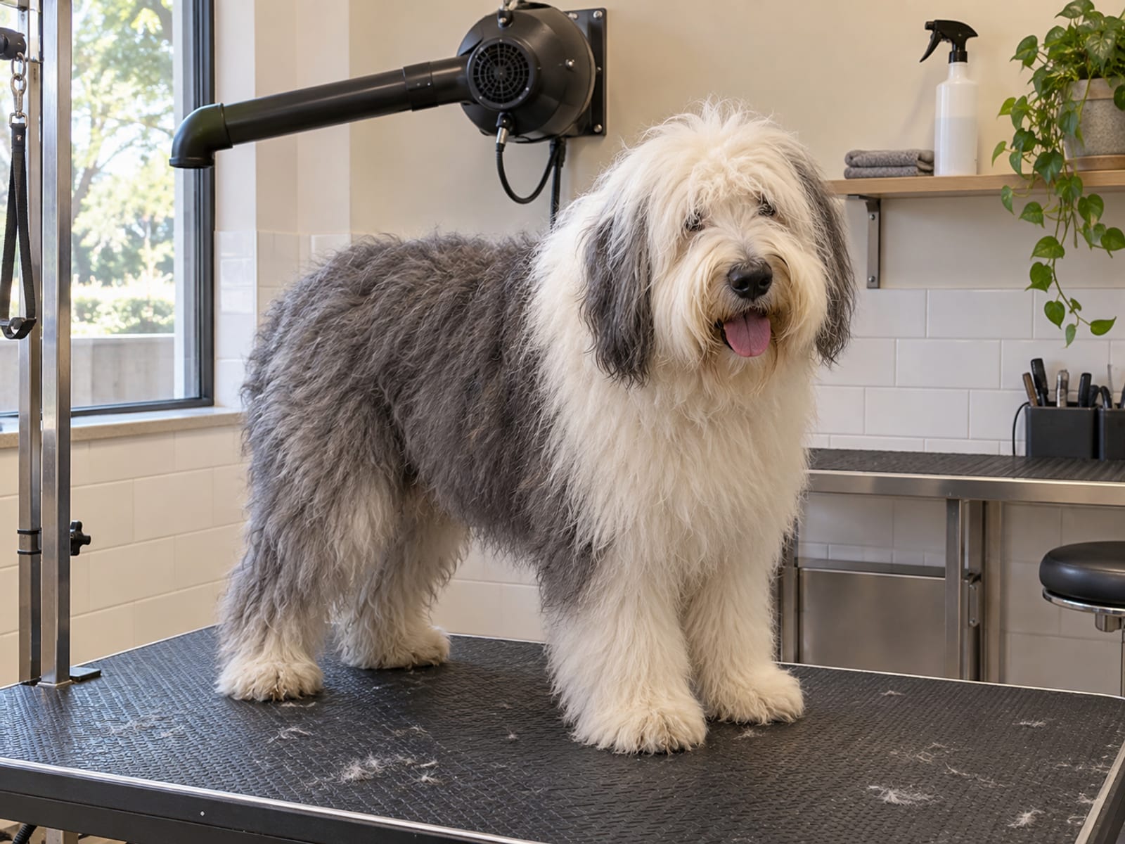 Shaggy Old English sheepdog standing on a rubber mat in a tidy small grooming salon with a wall dryer arm and a plain spray bottle on a shelf