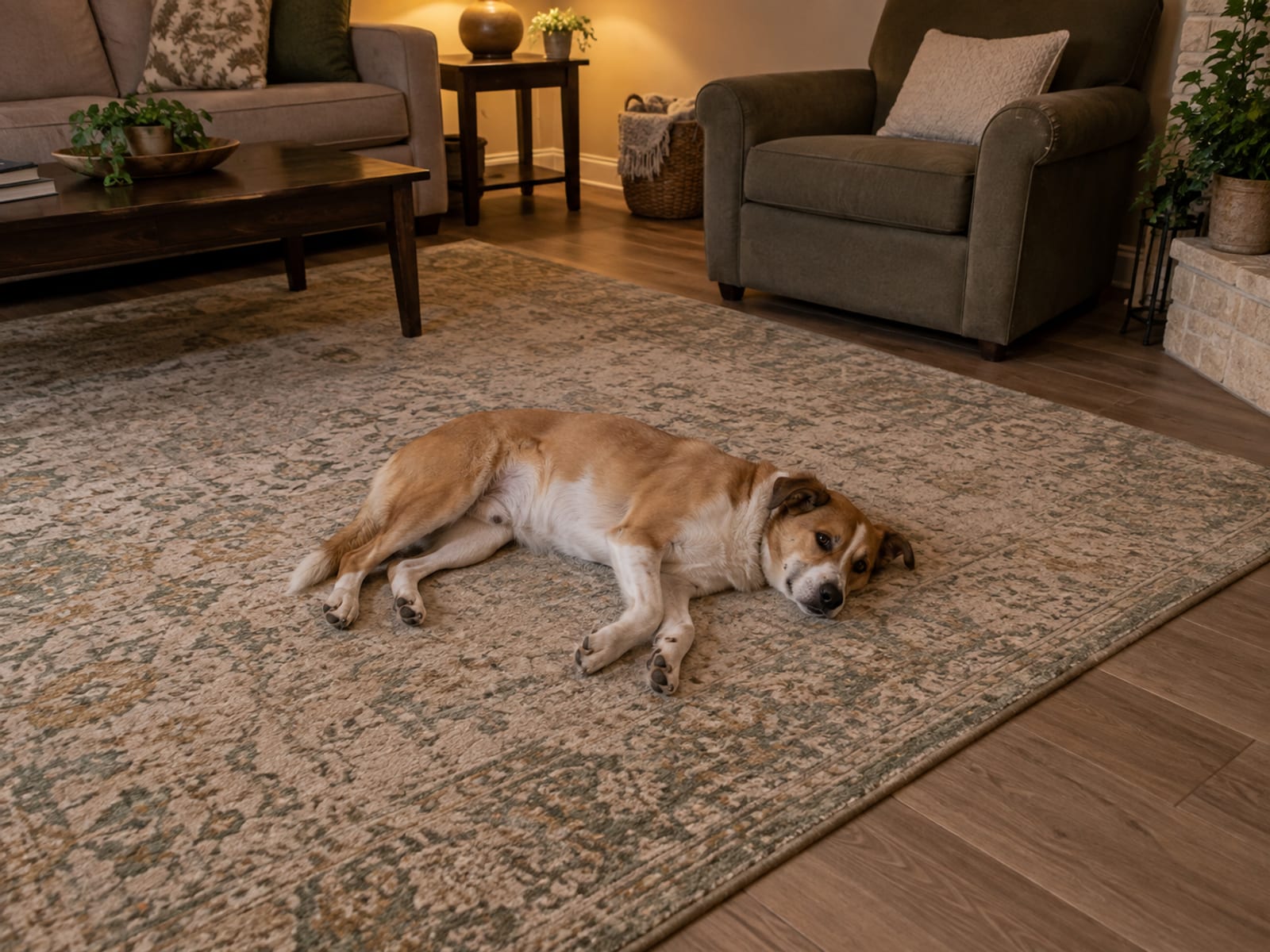 Perro mediano acostado relajado de lado sobre un tapete en la sala, con la mesa de centro y una silla hechas a un lado, con luz tenue y suave