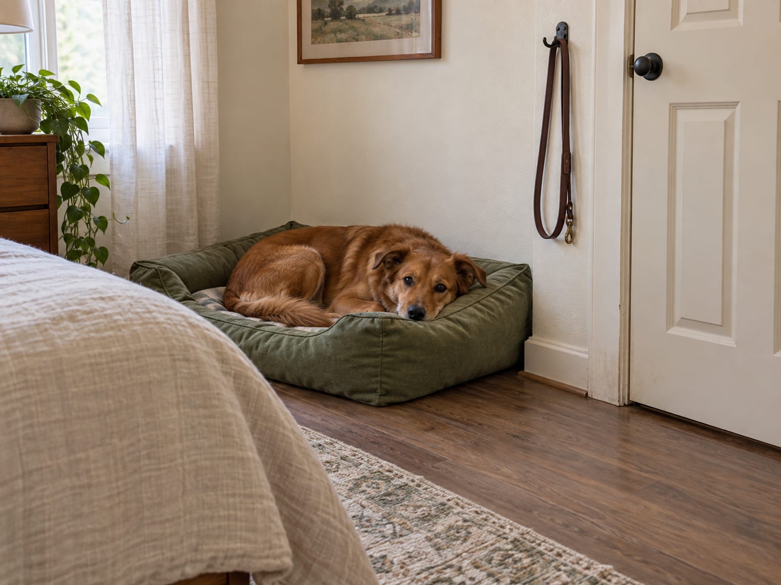 Perro descansando en su propia cama para perros en un rincón tranquilo de la recámara, con una correa colgada de un gancho en la pared junto a la puerta