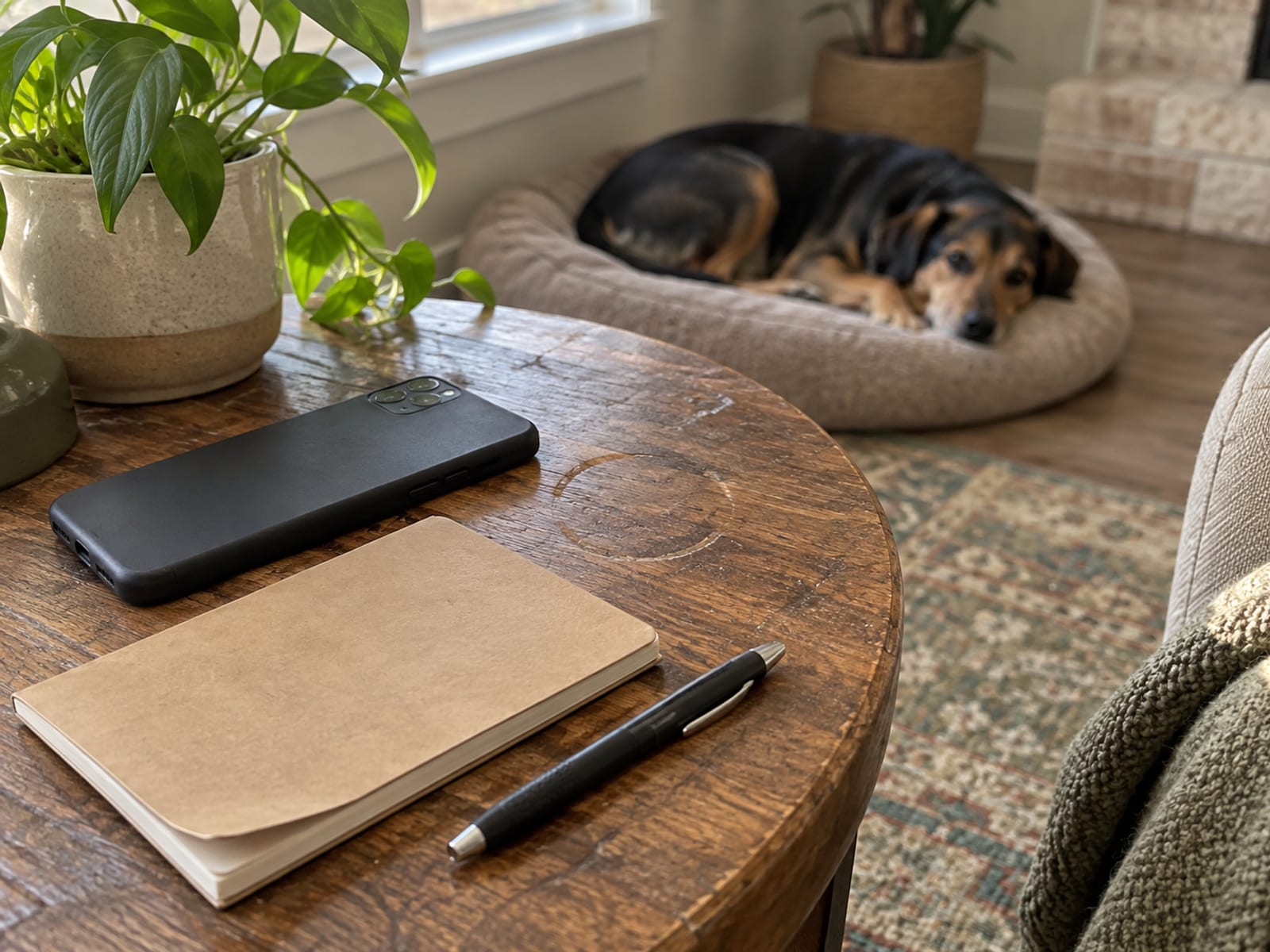 Teléfono boca abajo sobre una mesa auxiliar de madera junto a una libreta sencilla cerrada y una pluma, con un perro descansando en una cama al fondo