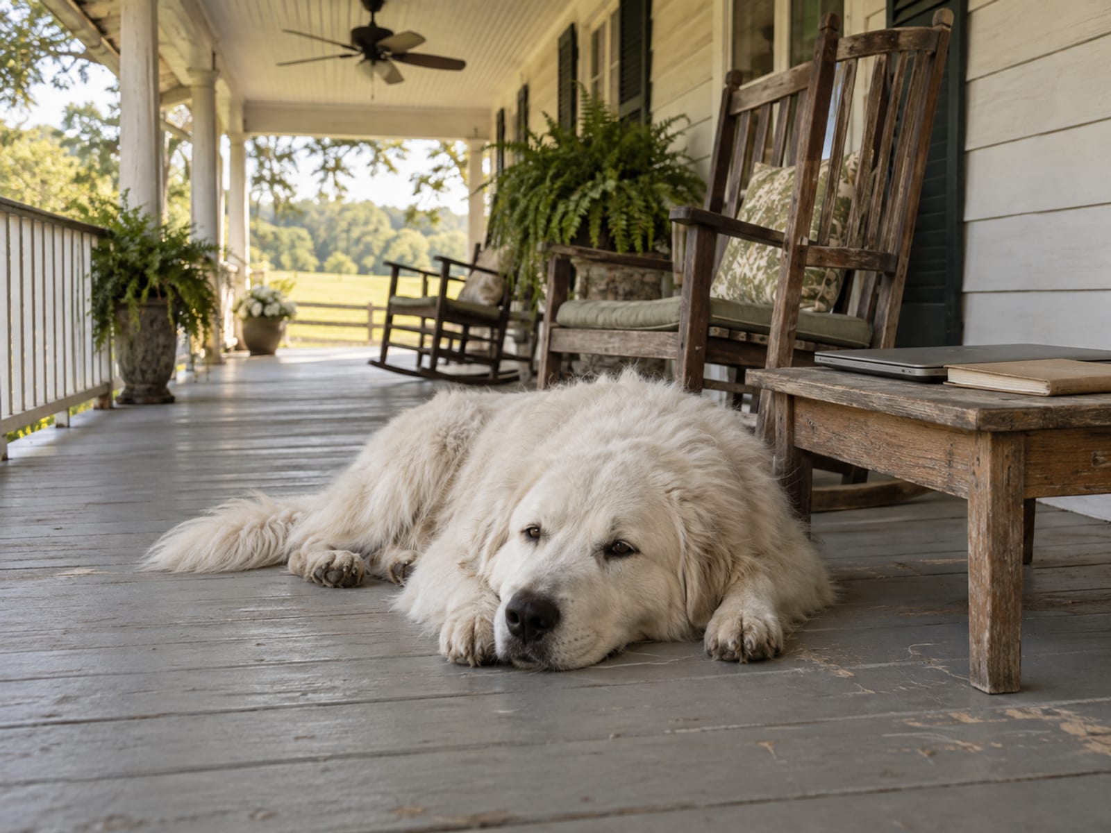 White Great Pyrenees lying on the boards of a wide covered porch beside a closed laptop and a plain blank notebook, a ceiling fan above