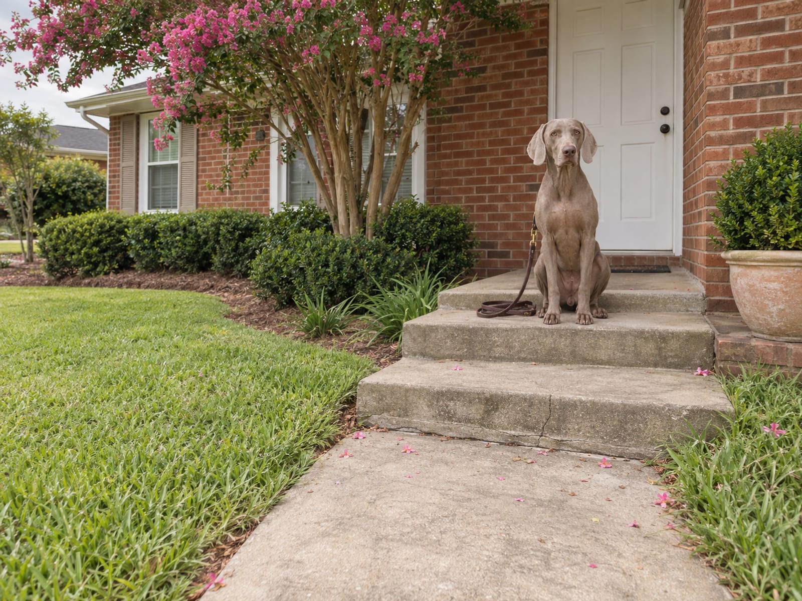 Silver grey Weimaraner sitting on the front steps of a brick ranch house with a neat front yard and a crape myrtle in bloom