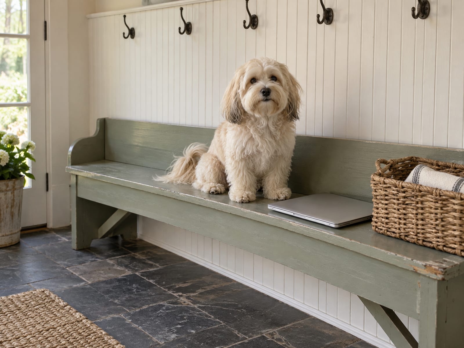 Cream Havanese sitting on a wooden bench in a bright farmhouse mudroom beside a closed laptop and a plain wicker basket