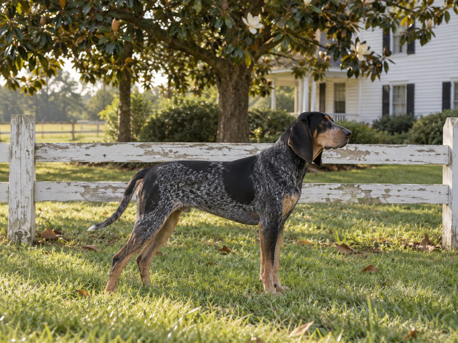 Bluetick coonhound standing on a short green lawn beside a white split-rail fence at a country home, a magnolia tree behind