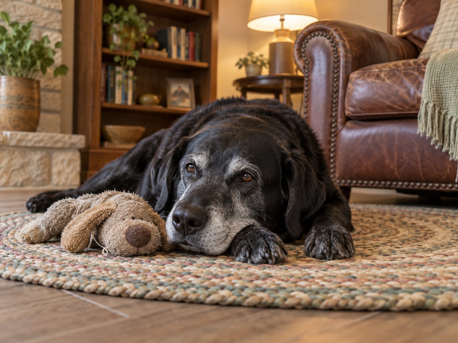 Senior black Labrador retriever with a grey muzzle resting on a braided rug in a den beside a worn plush toy