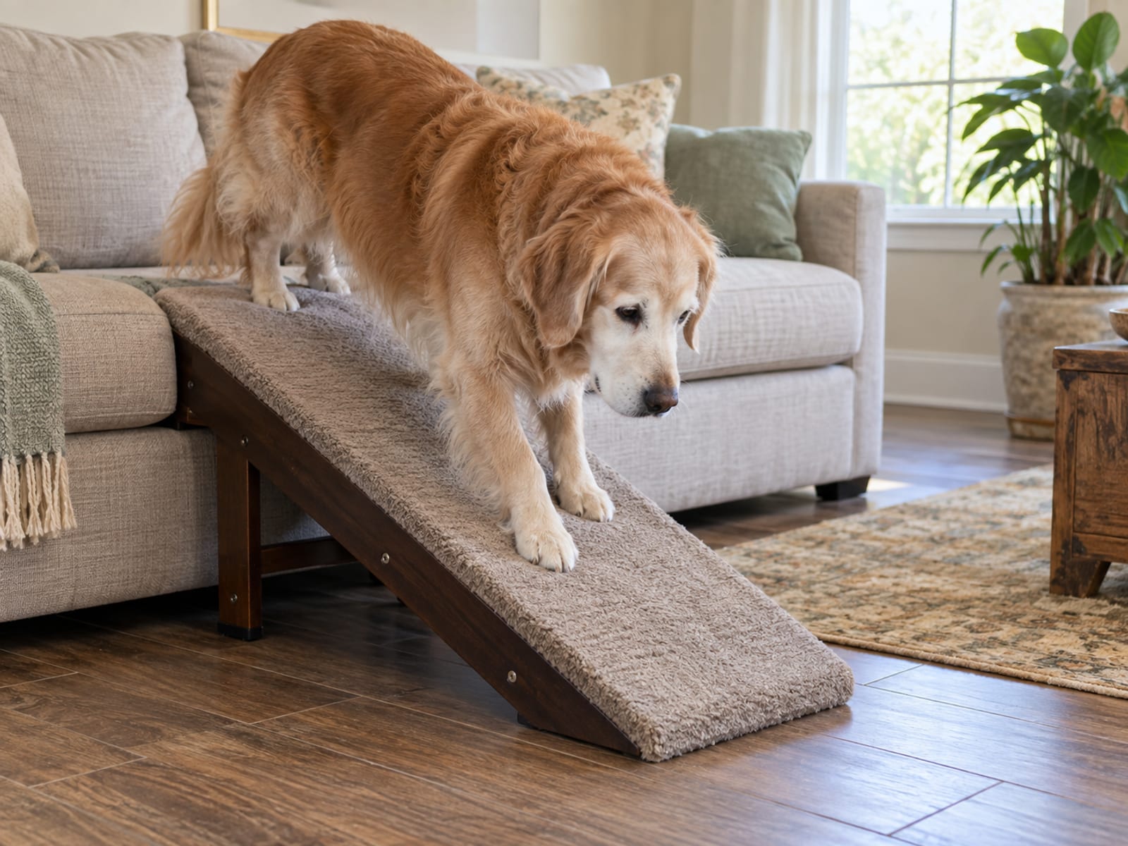 Senior golden retriever with a pale face stepping carefully down a low carpeted ramp from a sofa onto a wood-look floor