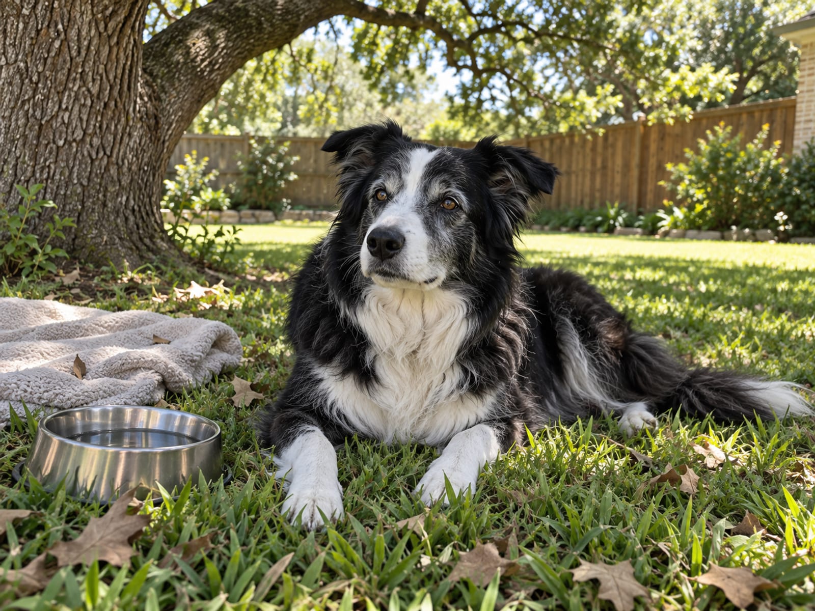 Senior border collie with a white muzzle lying in dappled live oak shade on a lawn beside a water bowl and a soft blanket