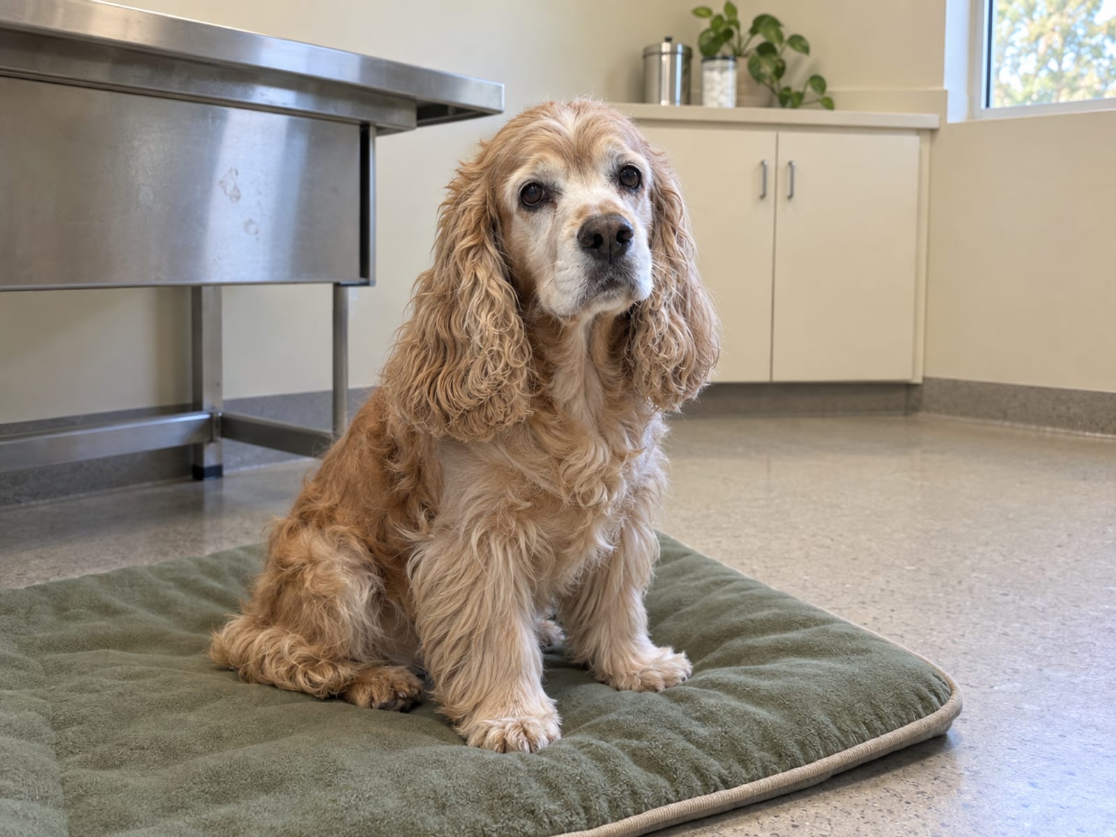 Senior cocker spaniel with a greying face sitting calmly on a padded mat in a veterinary exam room with a steel table behind
