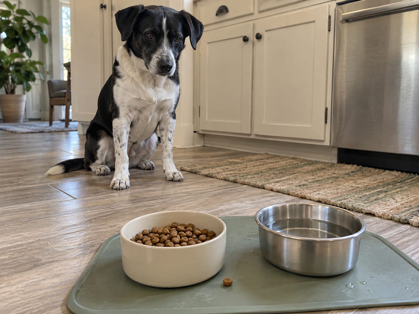 Plato con una porción medida de croquetas junto a un plato de agua sobre un tapete del piso de la cocina, con un perro esperando cerca
