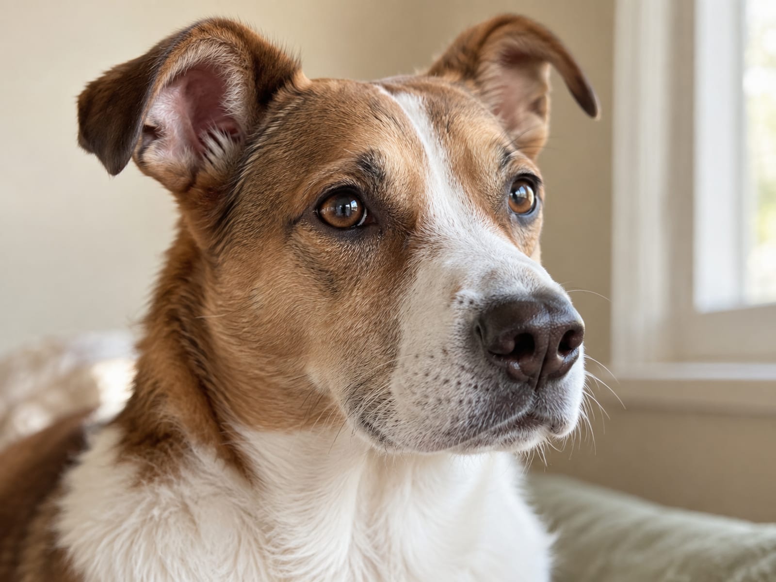 Primer plano del rostro de un perro mestizo con ojos claros, orejas limpias y la nariz húmeda