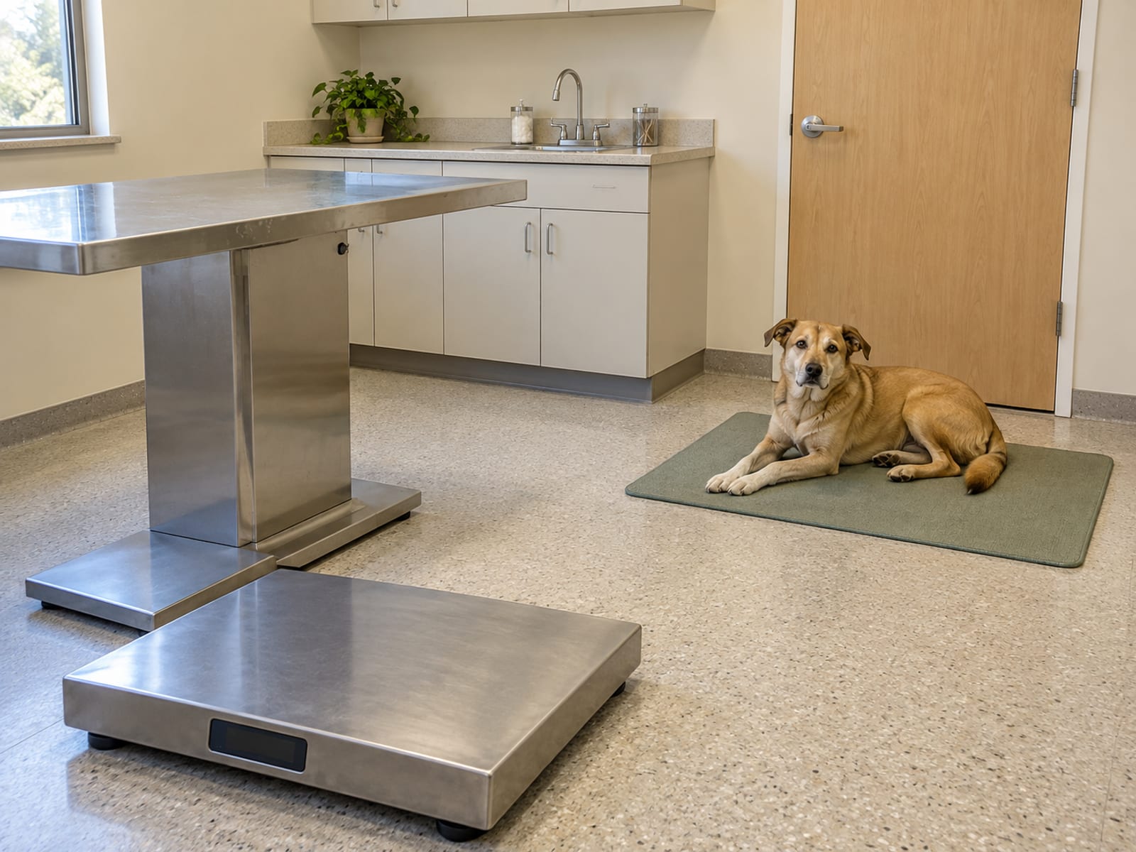 Sala de examen veterinario con una mesa de acero inoxidable vacía, una báscula de piso y un perro recostado sobre un tapete junto a la puerta