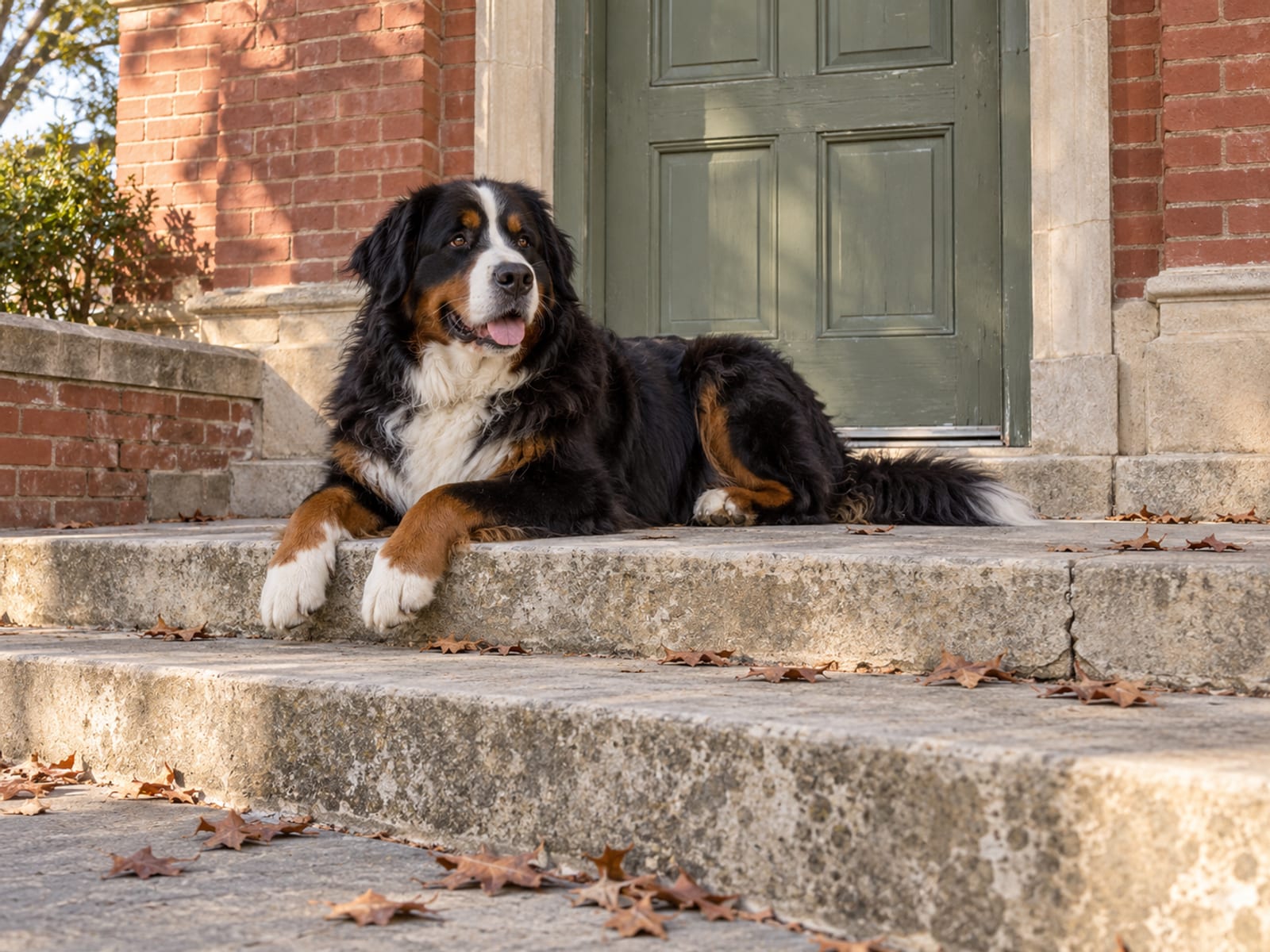 Bernese mountain dog lying on the stone steps of a small red brick building with a plain wooden door, oak leaves on the step